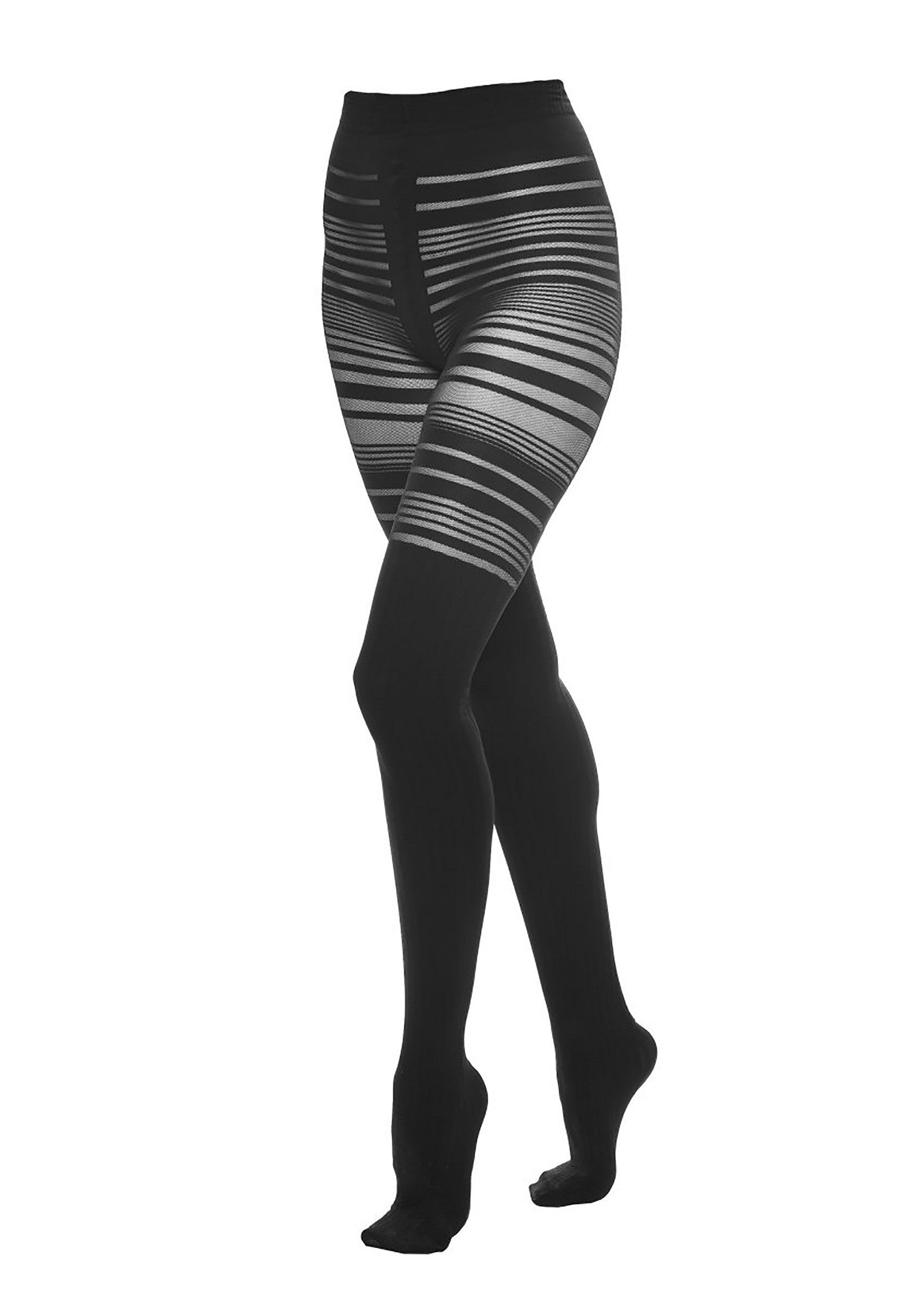 Collants noirs à rayures horizontales. Élégance et confort pour toutes les occasions. ; Zwarte panty met horizontale strepen. Elegantie en comfort voor elke gelegenheid.; Black tights with horizontal stripes. Elegance and comfort for all occasions.