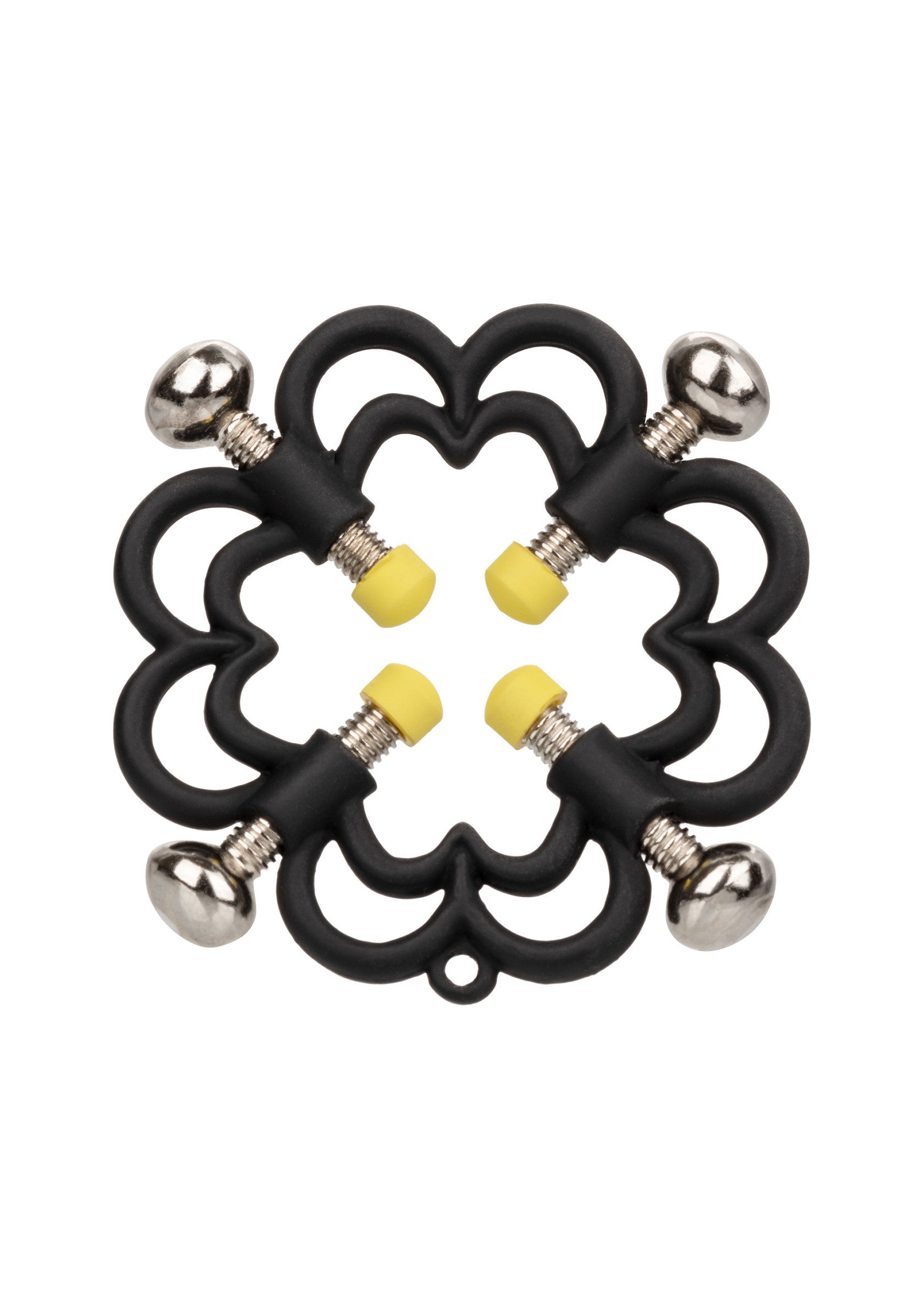 Pinces à tétons fantaisie noires avec embouts jaunes et vis de réglage argentées.; Zwarte tepelklemmen met gele uiteinden en zilverkleurige stelschroeven.; Black novelty nipple clamps with yellow tips and silver adjustment screws.