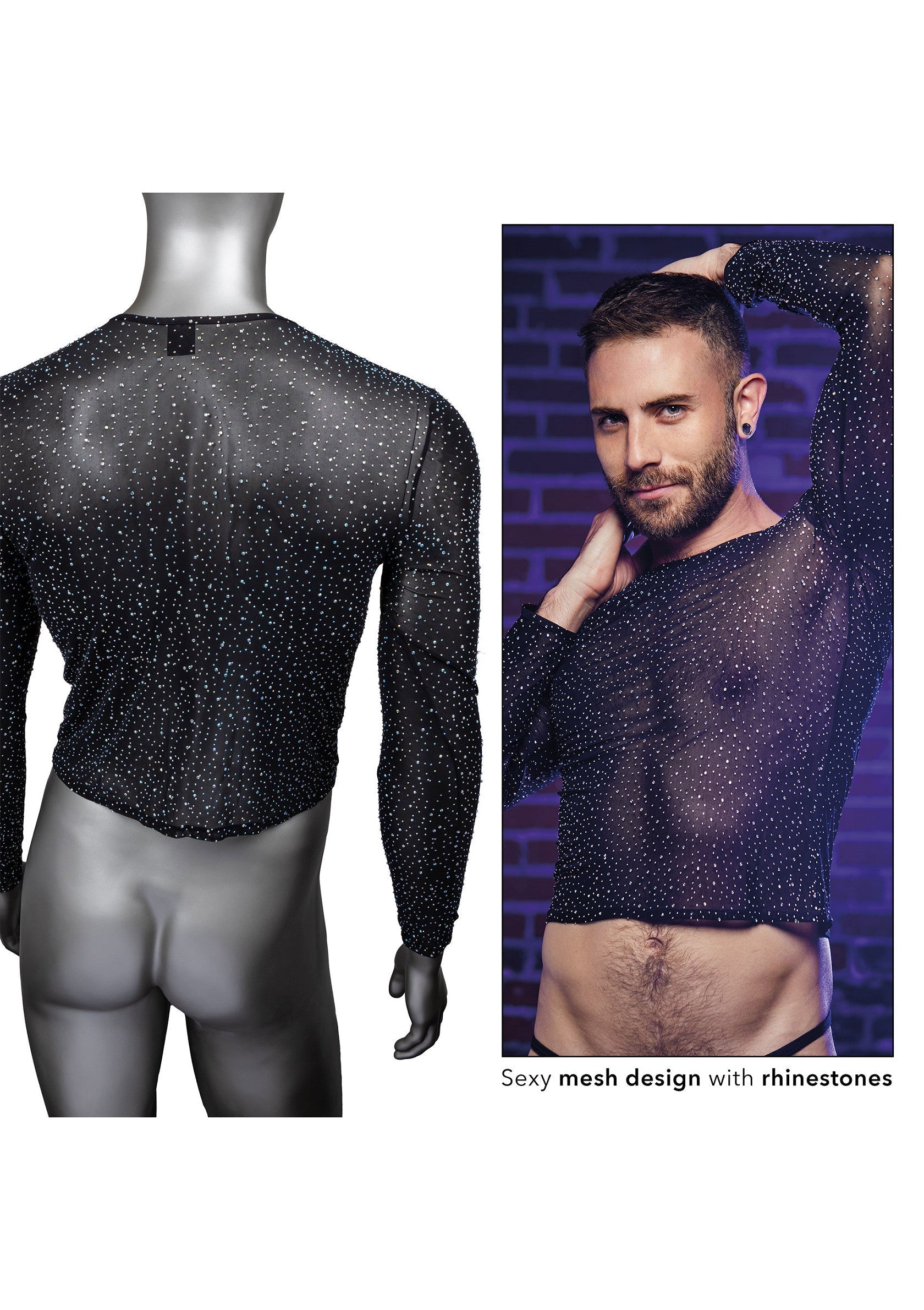 Haut en maille sexy avec strass. T-shirt à manches longues transparent et audacieux.; Sexy mesh top met strass. Doorzichtig en gedurfd shirt met lange mouwen.; Sexy mesh top with rhinestones. See-through, daring long sleeve shirt.