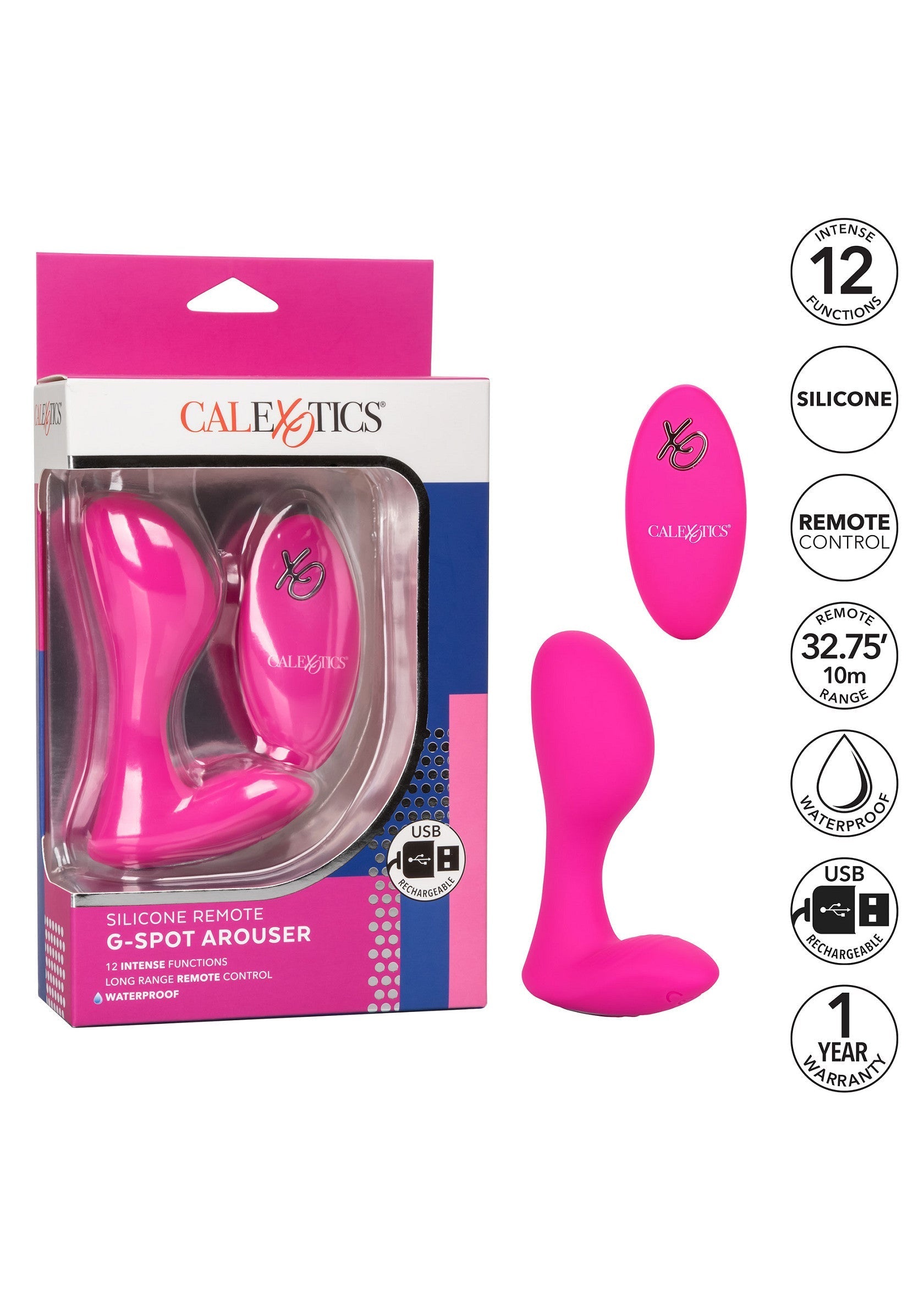 Stimulateur de point G rose avec télécommande CalExotics. 12 fonctions, étanche et rechargeable USB. ; Roze G-spot stimulator met afstandsbediening van CalExotics. 12 functies, waterdicht en USB oplaadbaar.; Pink G-spot stimulator with remote control by CalExotics. 12 functions, waterproof and USB rechargeable.