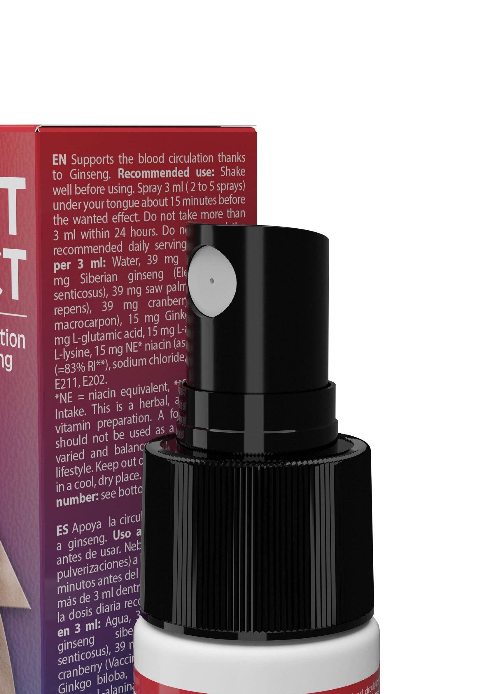 Spray buccal au ginseng pour la circulation sanguine. Complément alimentaire naturel.; Ginseng mondspray voor bloedsomloop. Natuurlijk voedingssupplement.; Ginseng mouth spray for blood circulation. Natural dietary supplement.