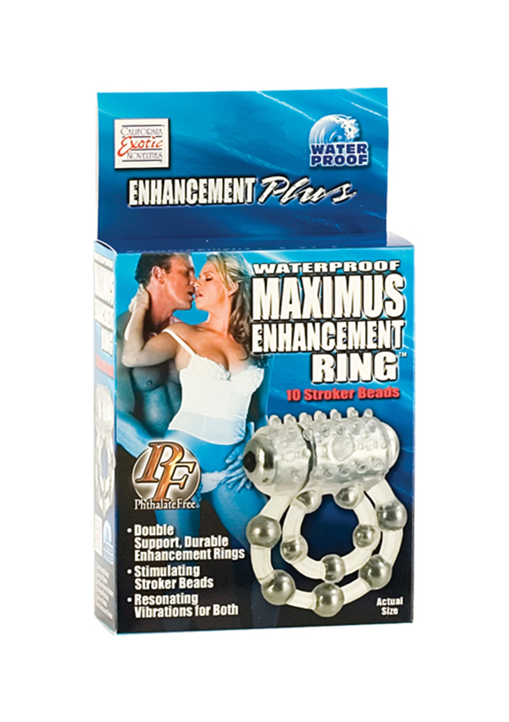 Anneau vibrant étanche Maximus Enhancement Plus avec 10 billes de stimulation pour le plaisir des deux partenaires.; Waterdichte Maximus Enhancement Plus vibrerende ring met 10 stimulerende kralen voor het plezier van beide partners.; Waterproof Maximus Enhancement Plus vibrating ring with 10 stroker beads for both partners' pleasure. Phthalate-free.
