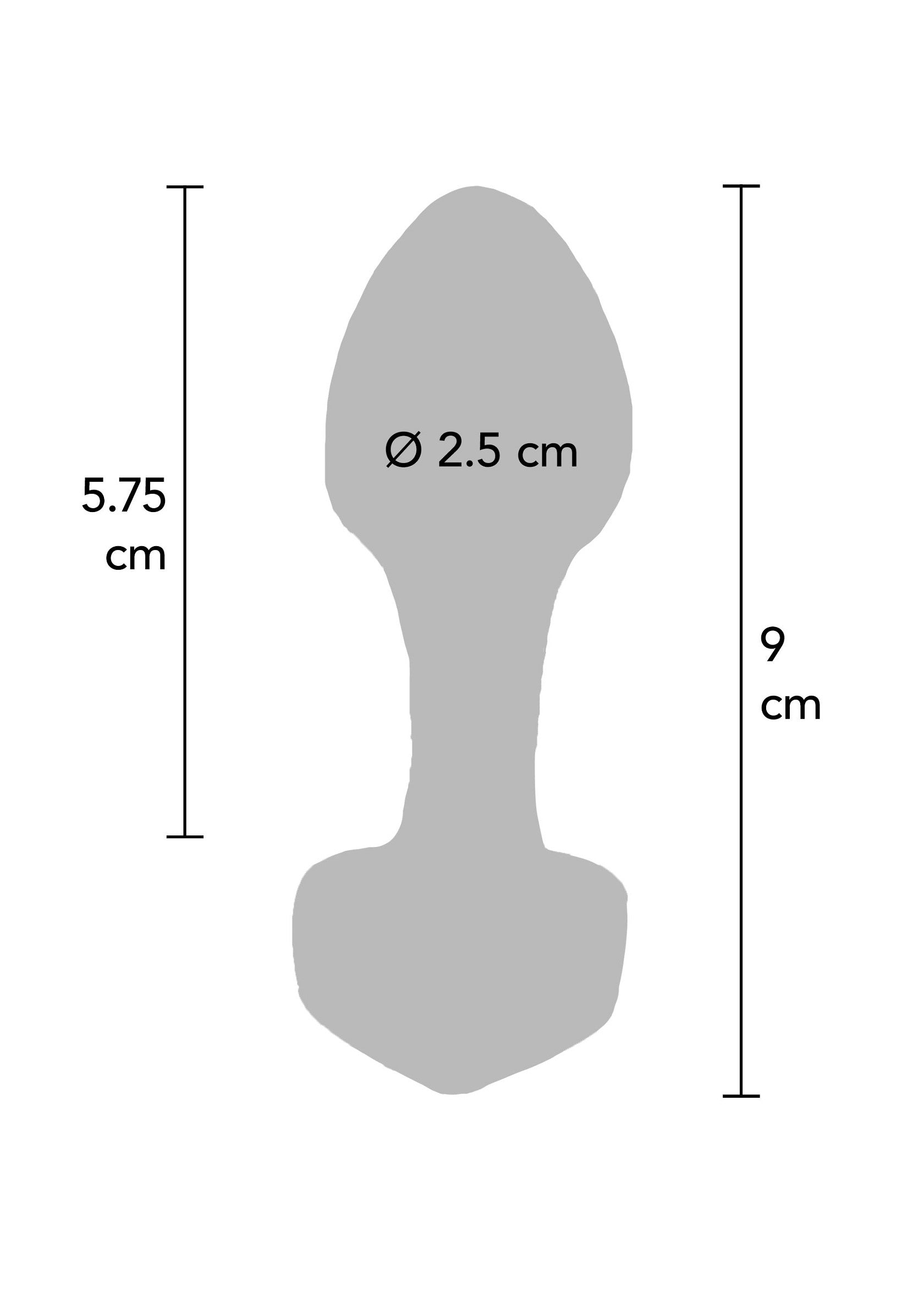 Diagramme d'un plug anal avec des dimensions indiquées : 9 cm de longueur, 2,5 cm de diamètre. ; Diagram van een anale plug met afmetingen: 9 cm lang, 2,5 cm diameter.; Diagram of an anal plug with dimensions indicated: 9 cm length, 2.5 cm diameter.