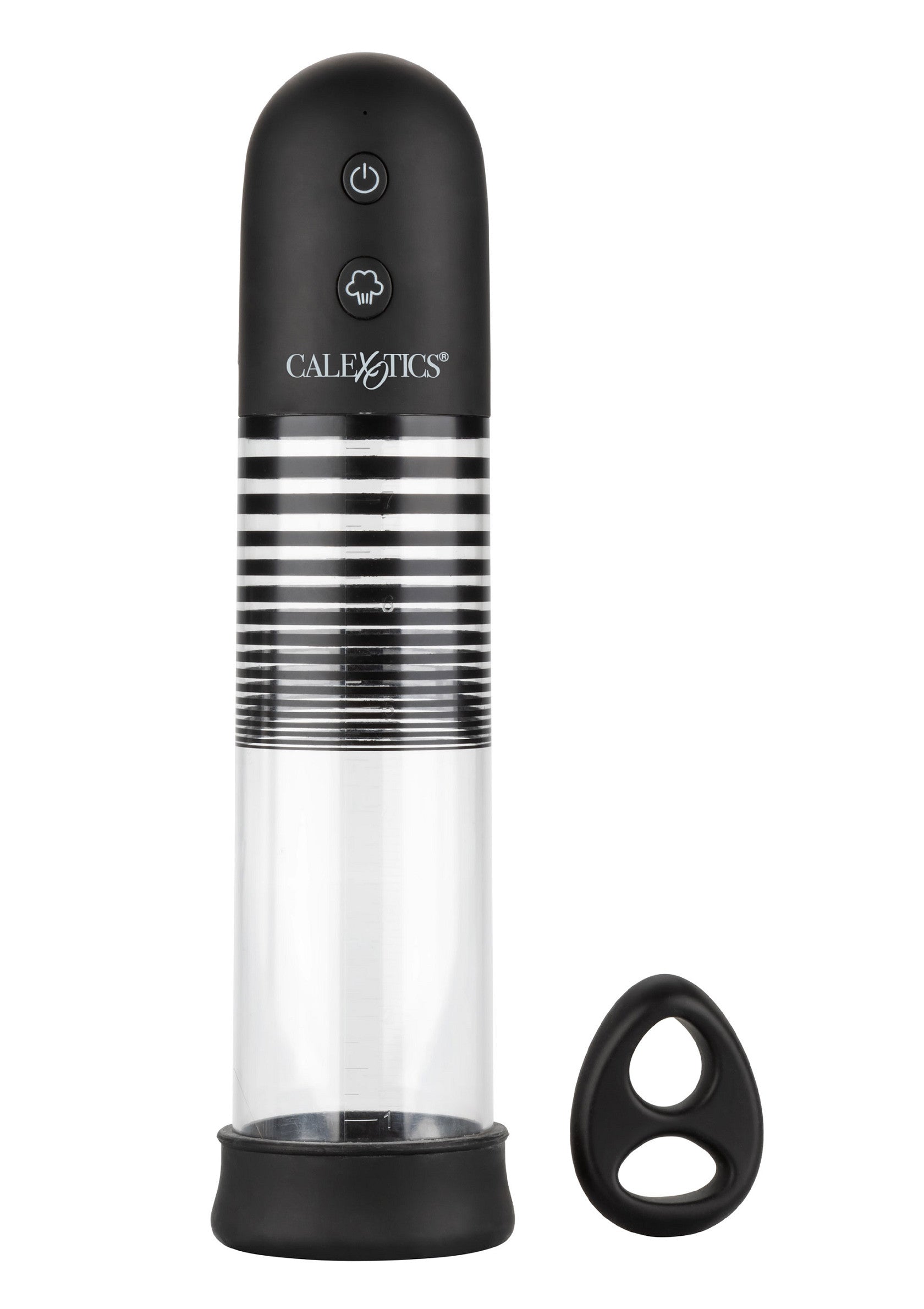 Pompe à pénis CalExotics noire et transparente avec bague d'étanchéité.; CalExotics penis pomp zwart en transparant met afdichtring.; Black and transparent CalExotics penis pump with sealing ring.