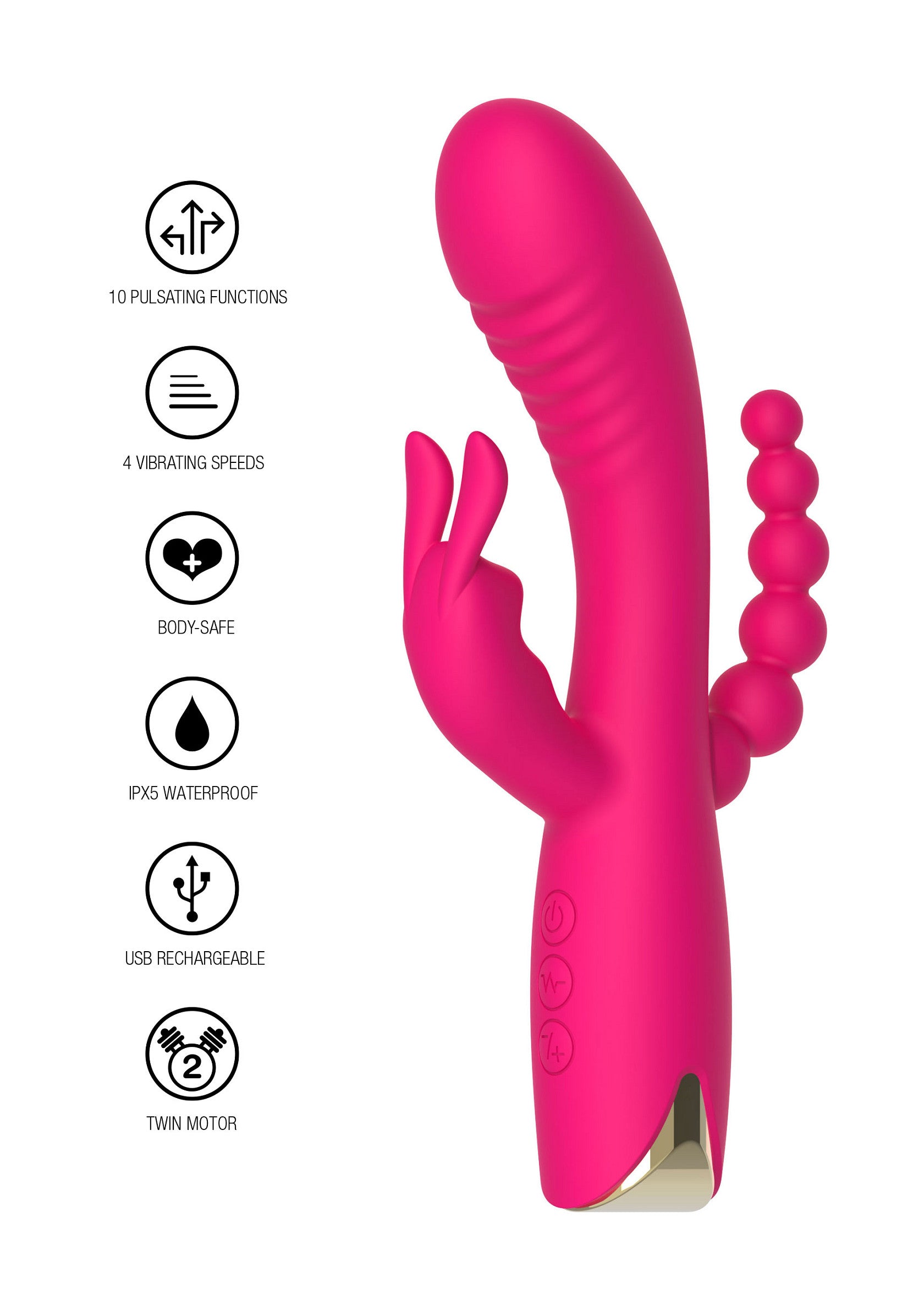 Vibromasseur rose vibrant avec stimulateur clitoridien et perles anales. 10 fonctions, 4 vitesses, étanche et rechargeable.; Roze vibrator met clitorisstimulator en anale kralen. 10 functies, 4 snelheden, waterdicht en oplaadbaar.; Pink vibrating vibrator with clitoral stimulator and anal beads. 10 functions, 4 speeds, waterproof, and rechargeable.