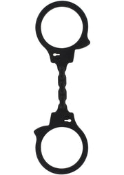 Menottes noires reliées pour jeux coquins et bondage. Accessoire érotique pour adultes. ; Zwarte handboeien aan elkaar voor stout spel en bondage. Erotisch accessoire voor volwassenen.; Black linked handcuffs for kinky play and bondage. Erotic adult accessory. 