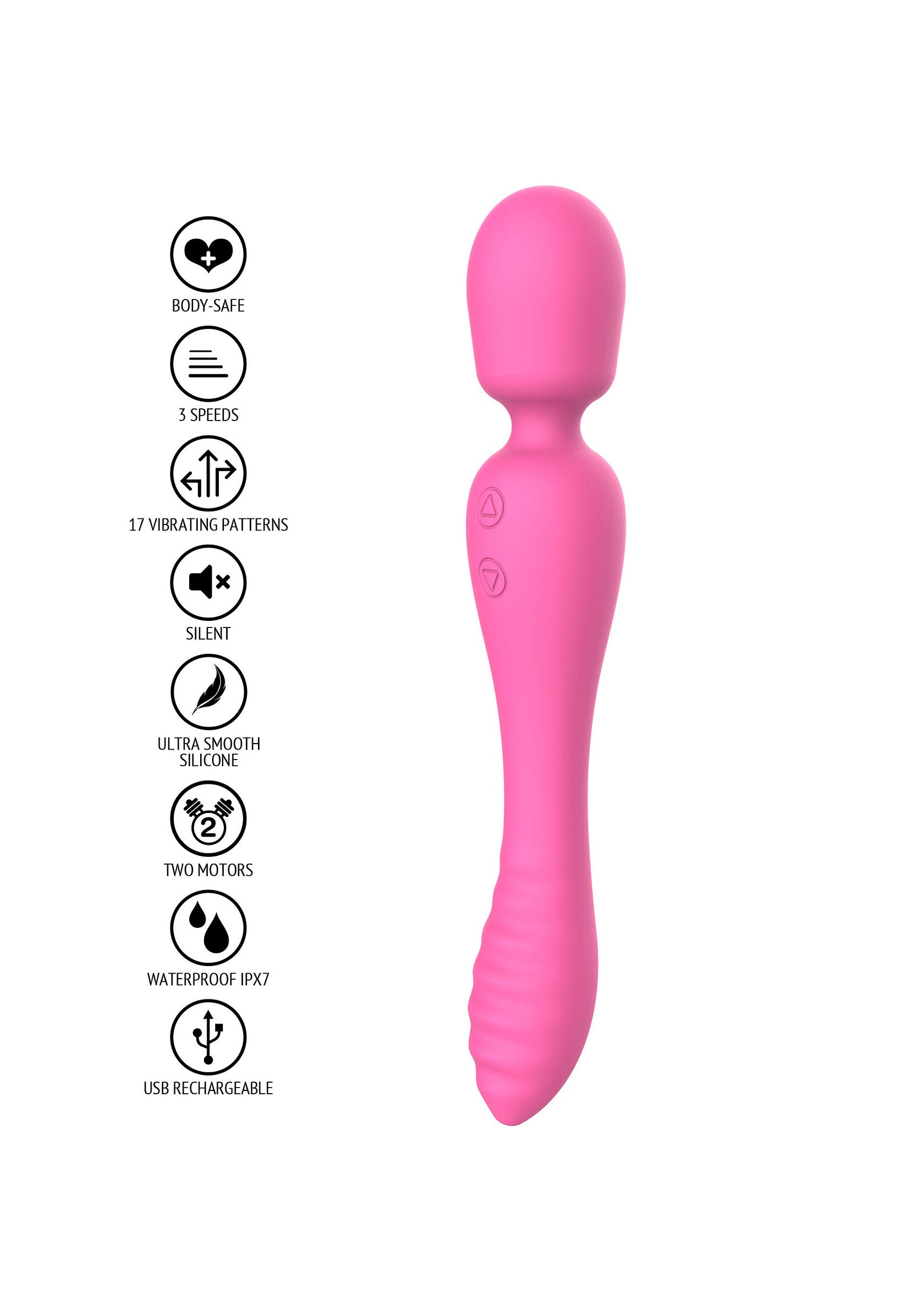 Masseur personnel rose en silicone, rechargeable USB et étanche. Multiples vitesses et motifs de vibration.; Roze siliconen persoonlijke stimulator, USB-oplaadbaar en waterdicht. Verschillende snelheden en vibratiepatronen.; Pink silicone personal massager, USB rechargeable and waterproof. Multiple speeds and vibration patterns.