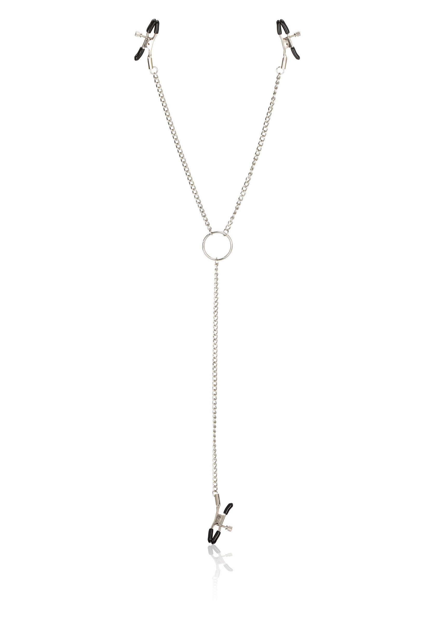 Pince-tétons avec chaîne argentée pour un plaisir intense et audacieux.; Tepelklemmen met zilverkleurige ketting voor intense en gedurfde genot.; Nipple clamps with silver-tone chain for intense and daring pleasure.