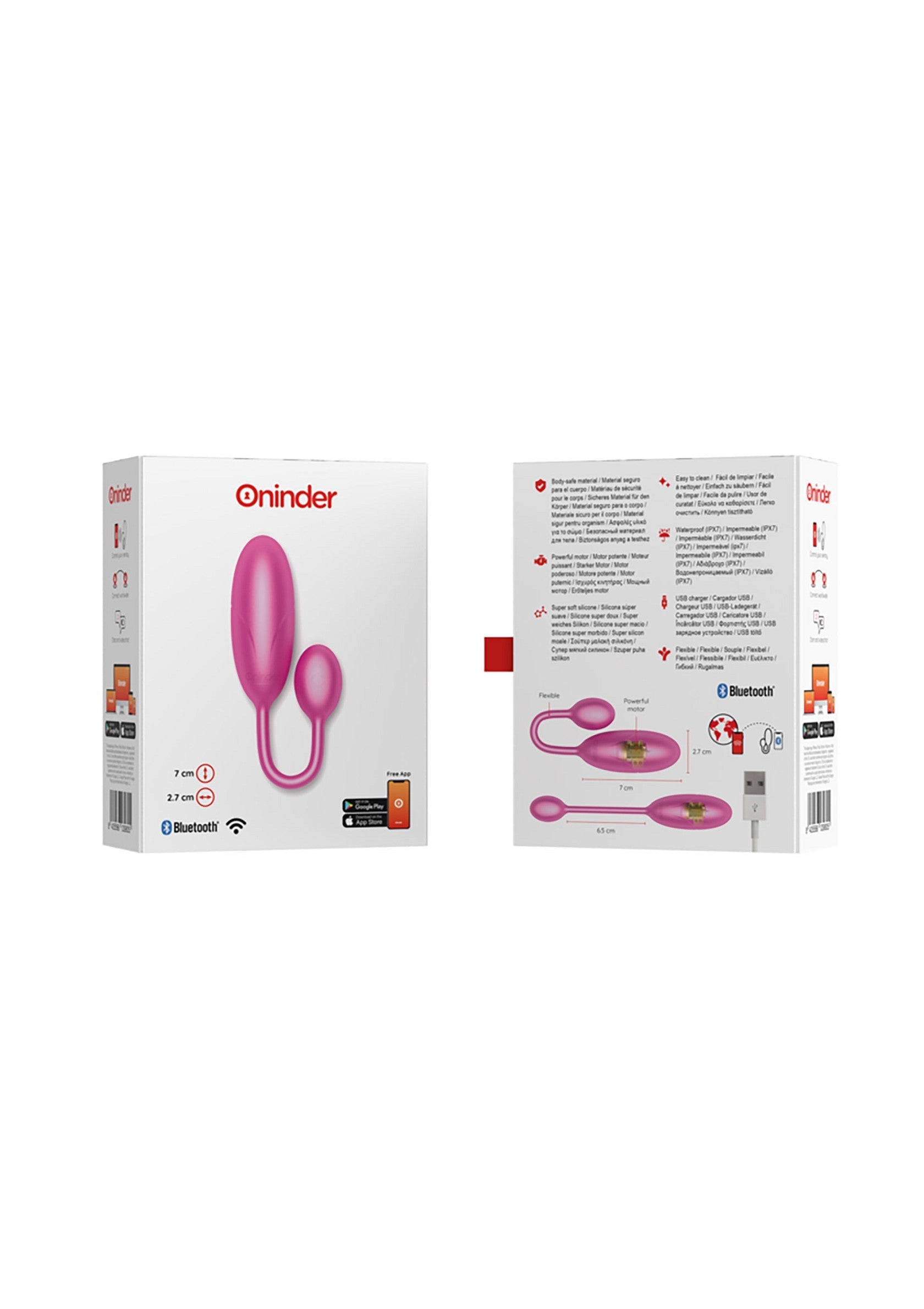 Vibromasseur double Oninder rose avec son emballage.; Roze Oninder dubbele vibrator met verpakking.; Pink Oninder double vibrator with packaging.