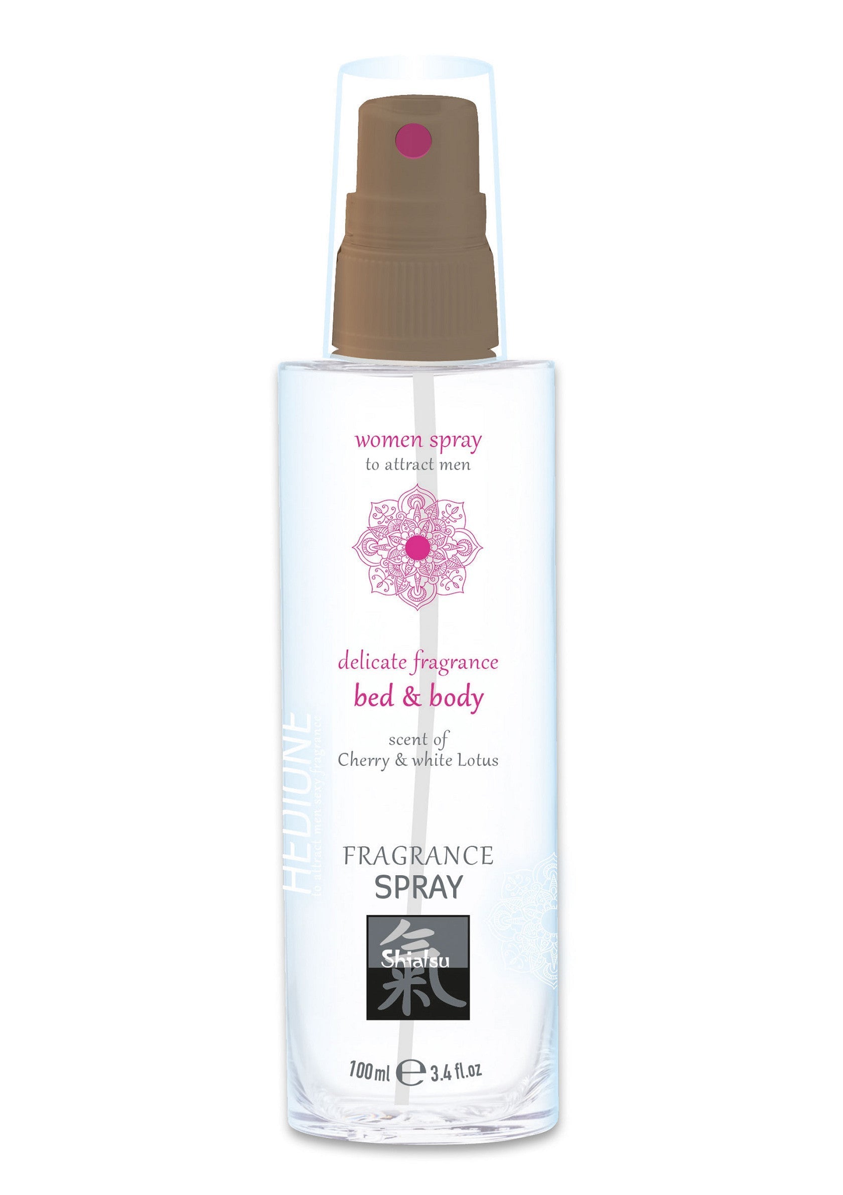 Spray corporel et lit Shiatsu pour femmes. Parfum délicat de cerise et de lotus blanc, pour attirer les hommes.; Shiatsu body- en bedspray voor vrouwen. Delicate geur van kers en witte lotus, om mannen aan te trekken.; Shiatsu women's bed & body spray. Delicate cherry & white lotus scent, designed to attract men. 