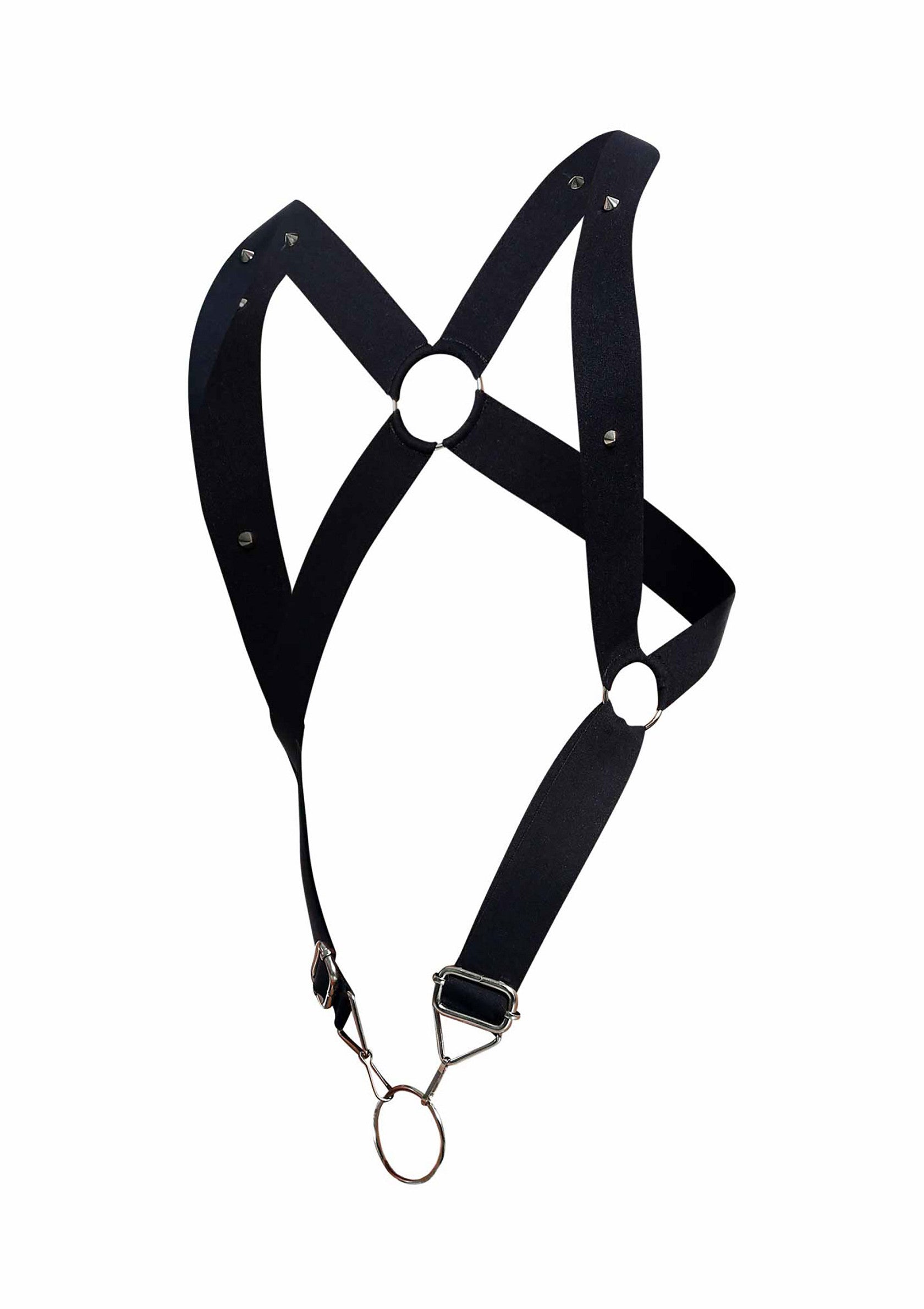 Harnais noir avec anneaux métalliques, idéal pour un look audacieux et tendance.; Zwart harnas met metalen ringen, perfect voor een gewaagde en trendy look.; Black harness with metal rings, ideal for a bold and trendy look.