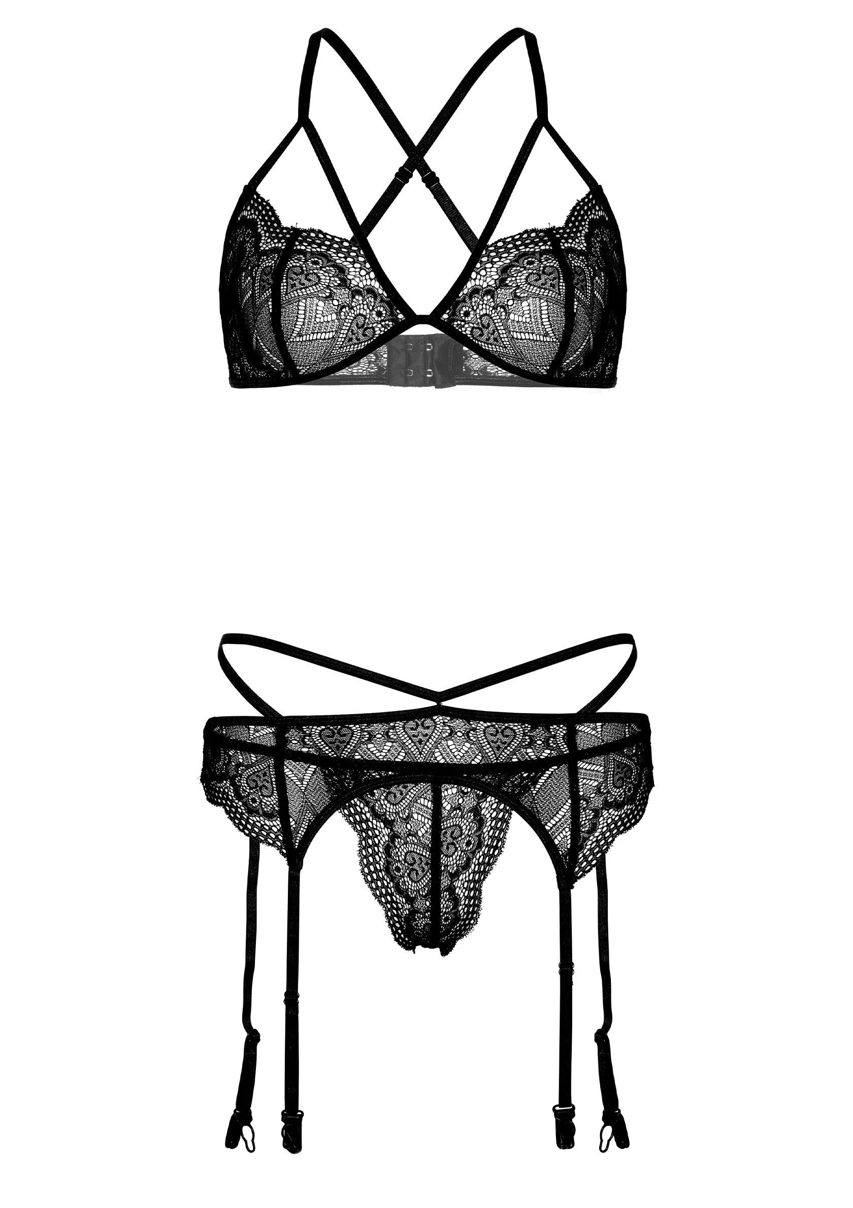 Ensemble de lingerie en dentelle noire avec soutien-gorge et porte-jarretelles; Zwarte kanten lingerie set met beha en jarretelgordel; Black lace lingerie set with bra and suspender belt