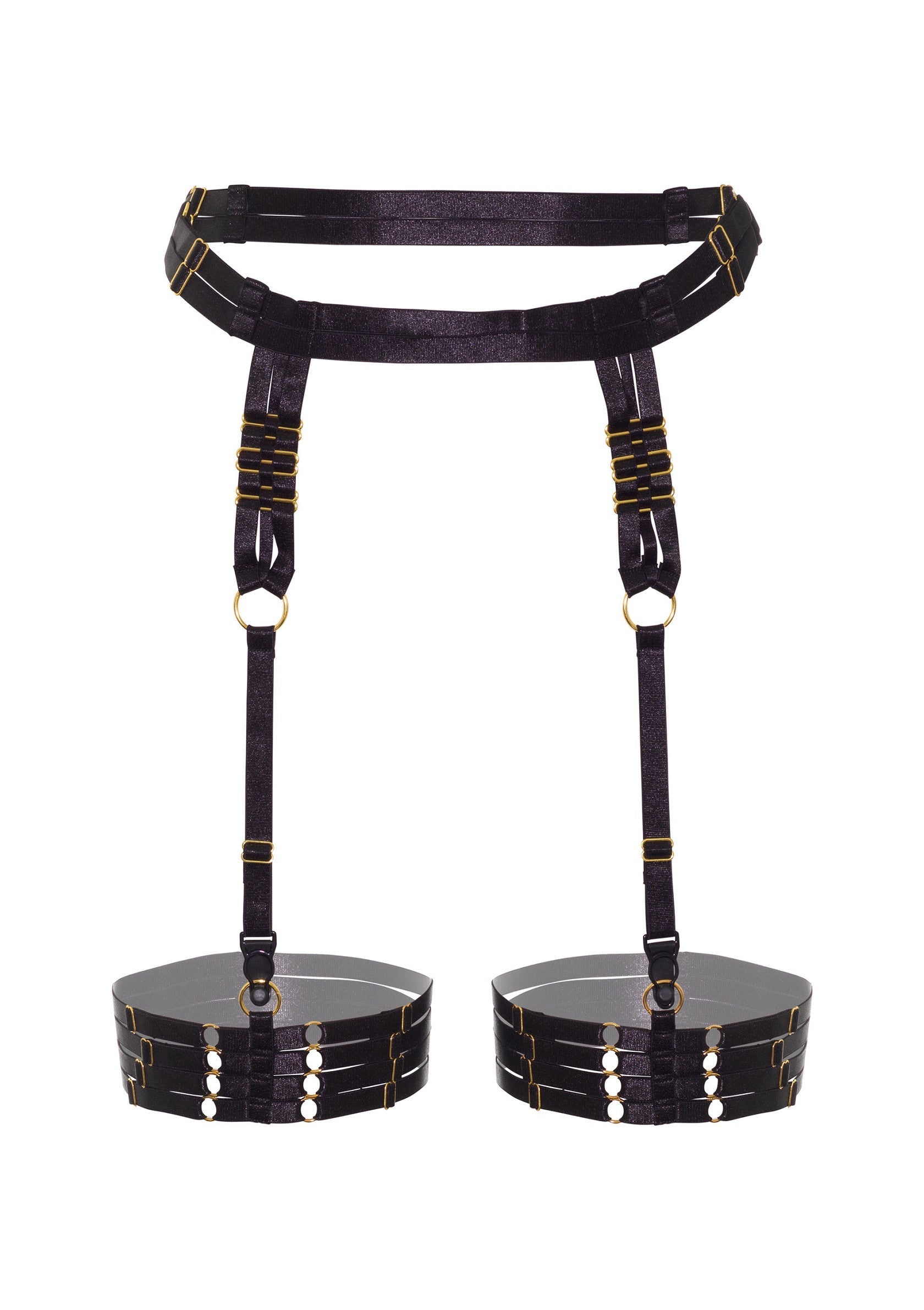 Jarretières noires élégantes avec détails dorés pour une touche séduisante et sophistiquée. Parfaites pour pimenter votre tenue de lingerie.; Elegante zwarte kousenbanden met gouden details voor een verleidelijke en verfijnde touch. Perfect om je lingerie outfit op te fleuren.; Elegant black garter straps with gold details for a seductive and sophisticated touch. Perfect to spice up your lingerie outfit.