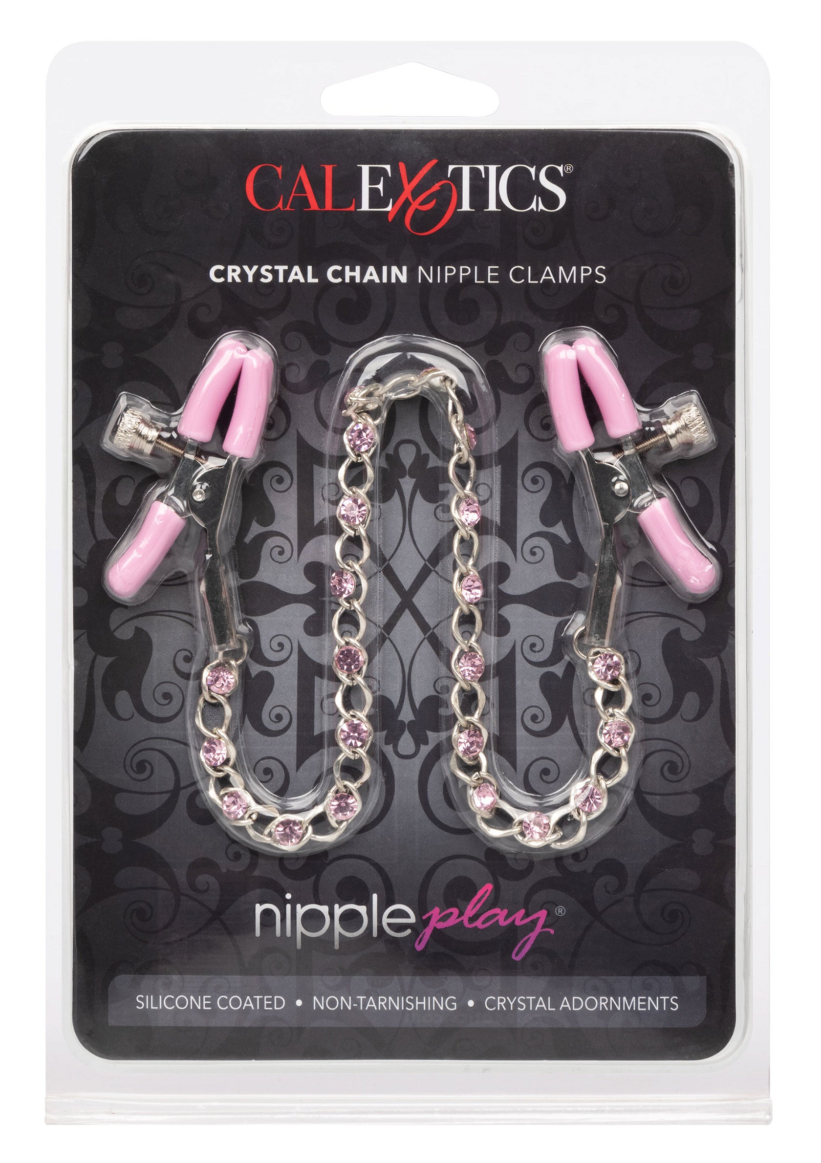 Pinces à tétons CalExotics Crystal Chain. Accessoires coquins avec chaîne en cristal et revêtement en silicone pour le plaisir.; CalExotics Crystal Chain tepelklemmen. Sexy accessoires met kristallen ketting en siliconen coating voor plezier.; CalExotics Crystal Chain Nipple Clamps. Sexy accessories with crystal chain & silicone coated for pleasure.