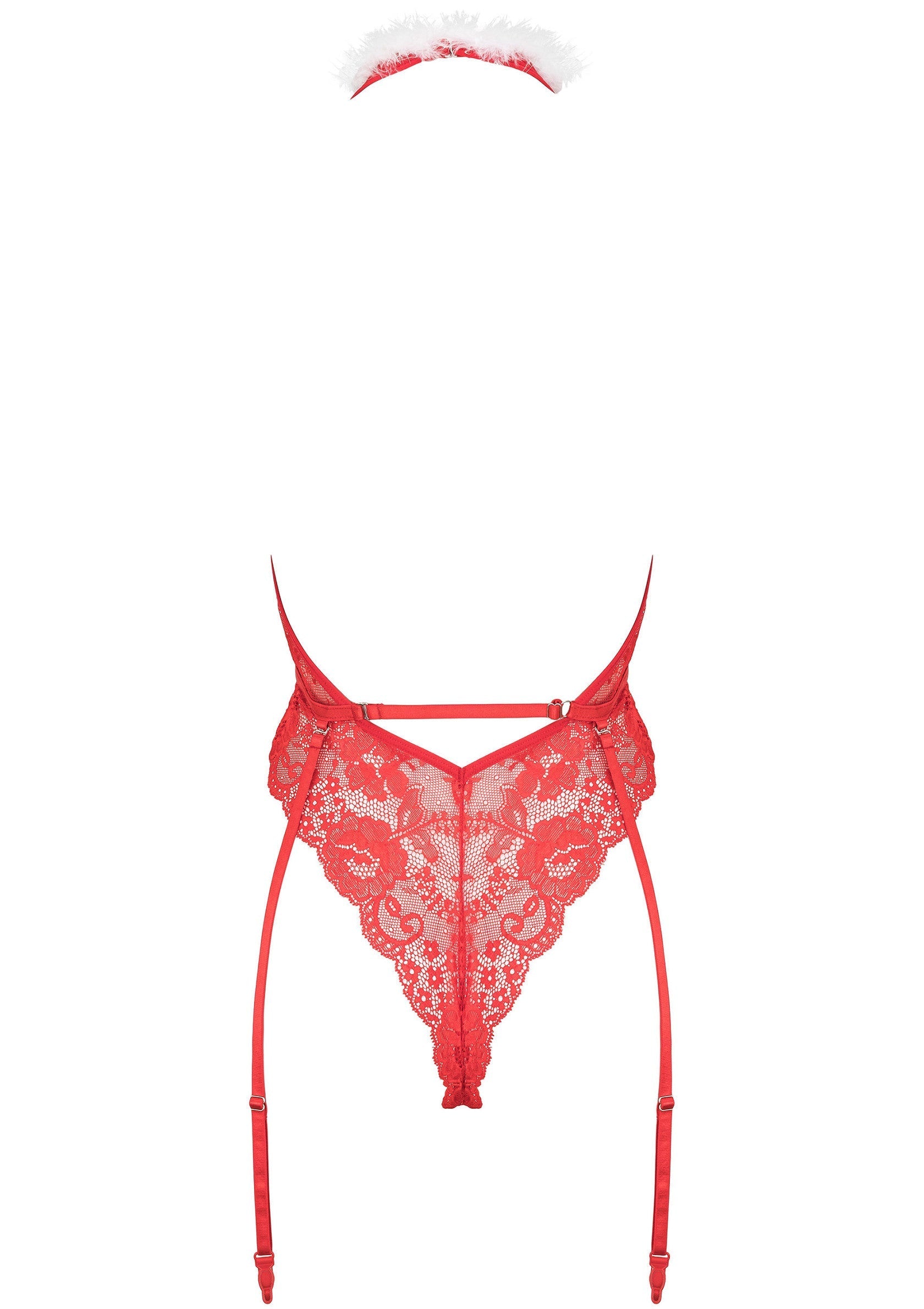 Ensemble lingerie rouge en dentelle avec halo. Parfait pour une nuit coquine ou un cadeau sensuel.; Rode lingerie set van kant met halo. Perfect voor een ondeugende nacht of een sensueel cadeau.; Red lace lingerie set with halo. Perfect for a naughty night or sensual gift.