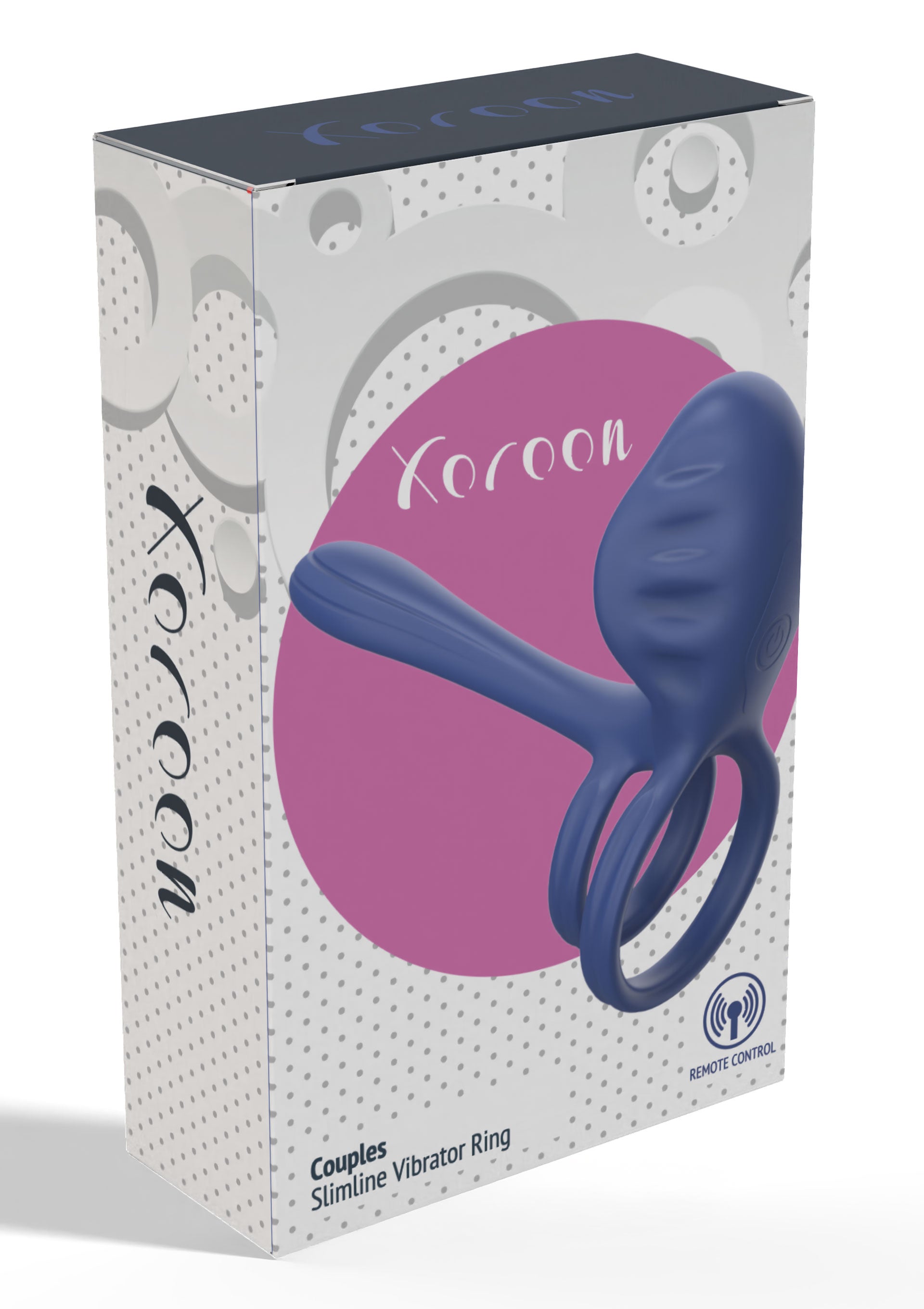 Xoroon Couples Slimline Vibrator Ring pour des sensations partagées et intenses. Contrôle à distance.; Xoroon Couples Slimline Vibrator Ring voor gedeelde, intense sensaties. Met afstandsbediening.; Xoroon Couples Slimline Vibrator Ring for shared, intense sensations. Includes remote control.