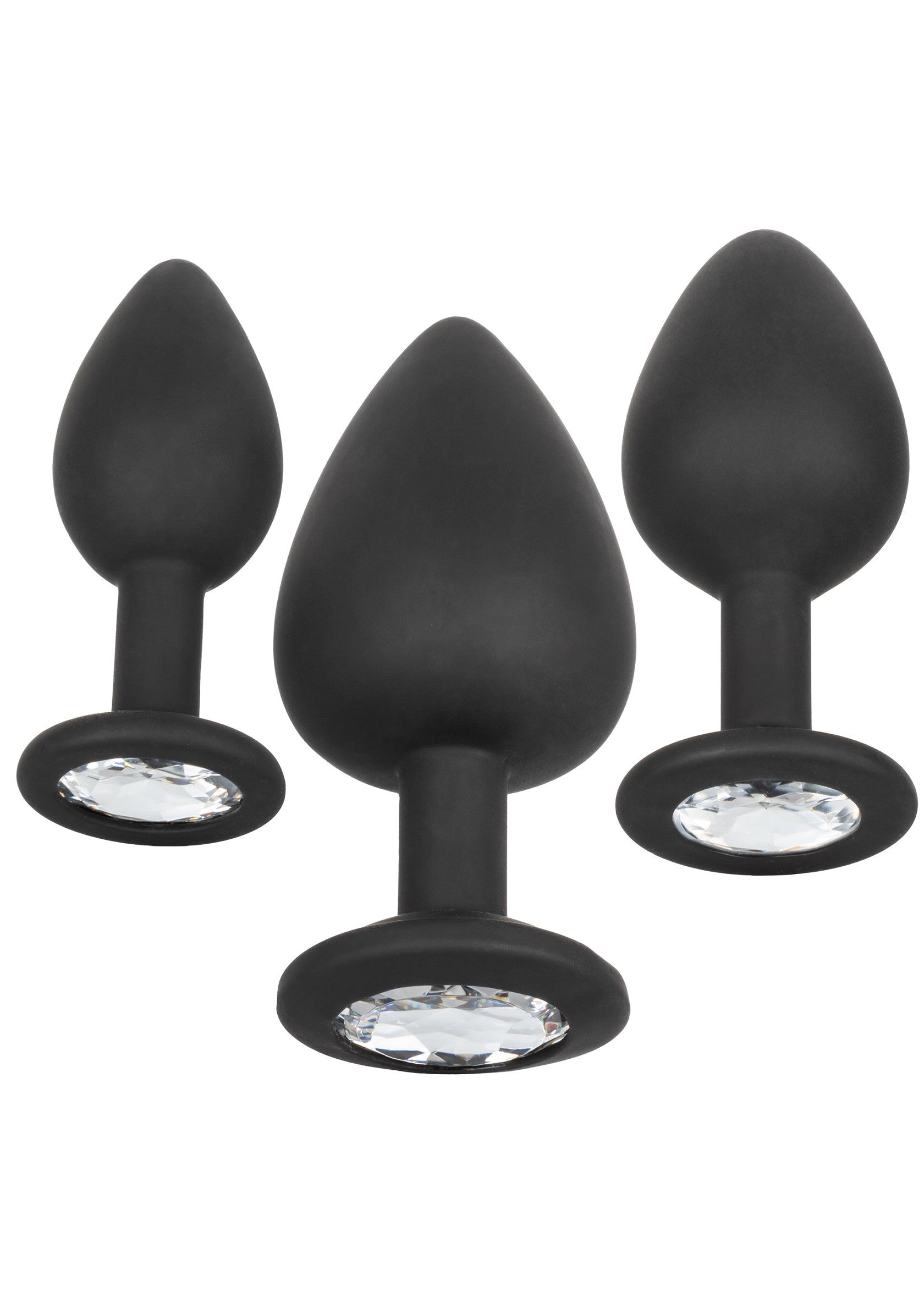 Ensemble de 3 plugs anaux noirs avec base en cristal. Plaisir et élégance assurés!; Set van 3 zwarte buttplugs met kristallen basis. Plezier en elegantie gegarandeerd!; Set of 3 black butt plugs with crystal base. Pleasure and elegance guaranteed!