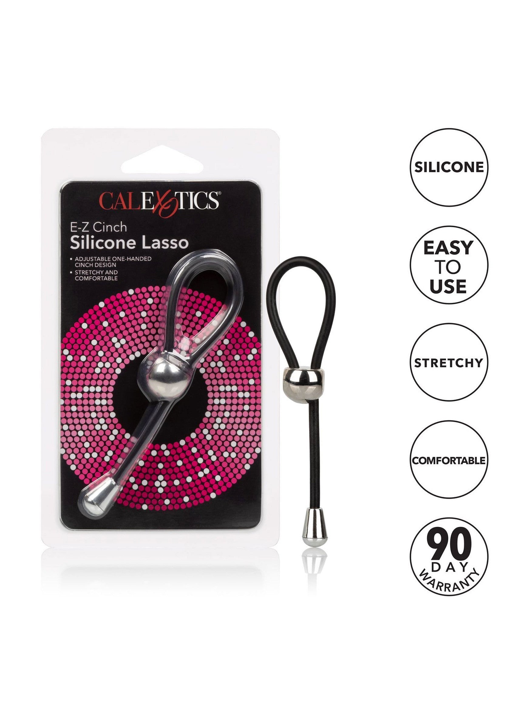 CalExotics E-Z Cinch Silicone Lasso. Corde de serrage en silicone, facile à utiliser, extensible et confortable avec une garantie de 90 jours.; CalExotics E-Z Cinch Siliconen Lasso. Siliconen koord, gemakkelijk te gebruiken, rekbaar en comfortabel met 90 dagen garantie.; CalExotics E-Z Cinch Silicone Lasso. Silicone cinch rope, easy to use, stretchy and comfortable with 90-day warranty.