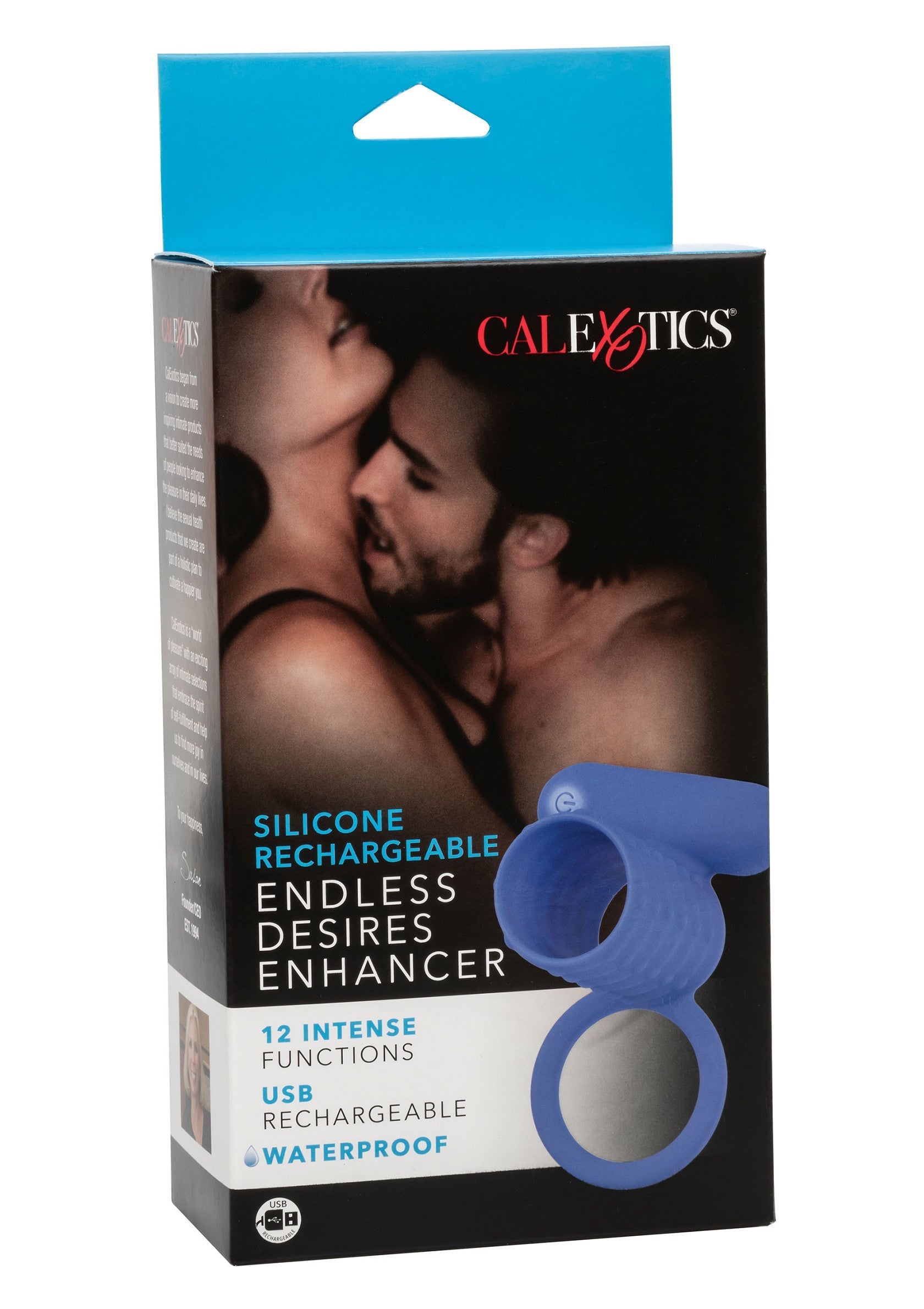 Calexotics Endless Desires Enhancer: anneau pénien rechargeable en silicone avec 12 fonctions intenses pour le plaisir.; Calexotics Endless Desires Enhancer: oplaadbare siliconen penisring met 12 intense functies voor plezier.; Calexotics Endless Desires Enhancer: Rechargeable silicone cock ring with 12 intense functions for pleasure.