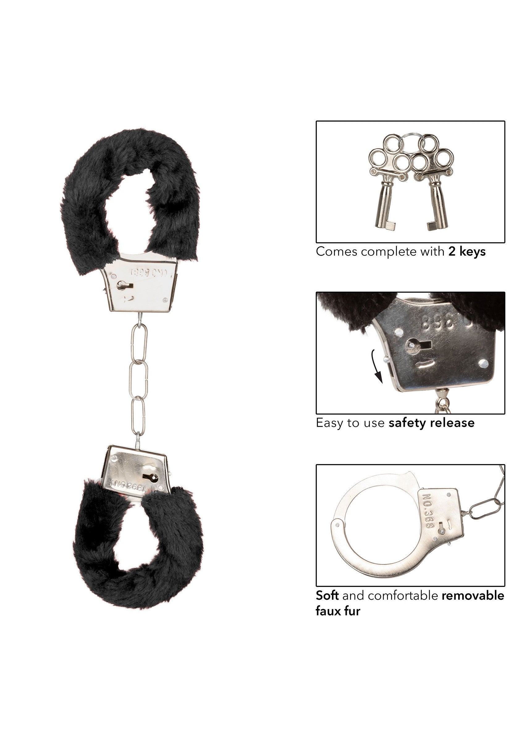 Menottes en fausse fourrure noire, douces et confortables. Livré avec 2 clés. Accessoires coquins.; Zachte, comfortabele, zwarte faux fur handboeien. Inclusief 2 sleutels. Speelse accessoires.; Soft, comfortable black faux fur handcuffs. Comes complete with 2 keys. Playful accessories.