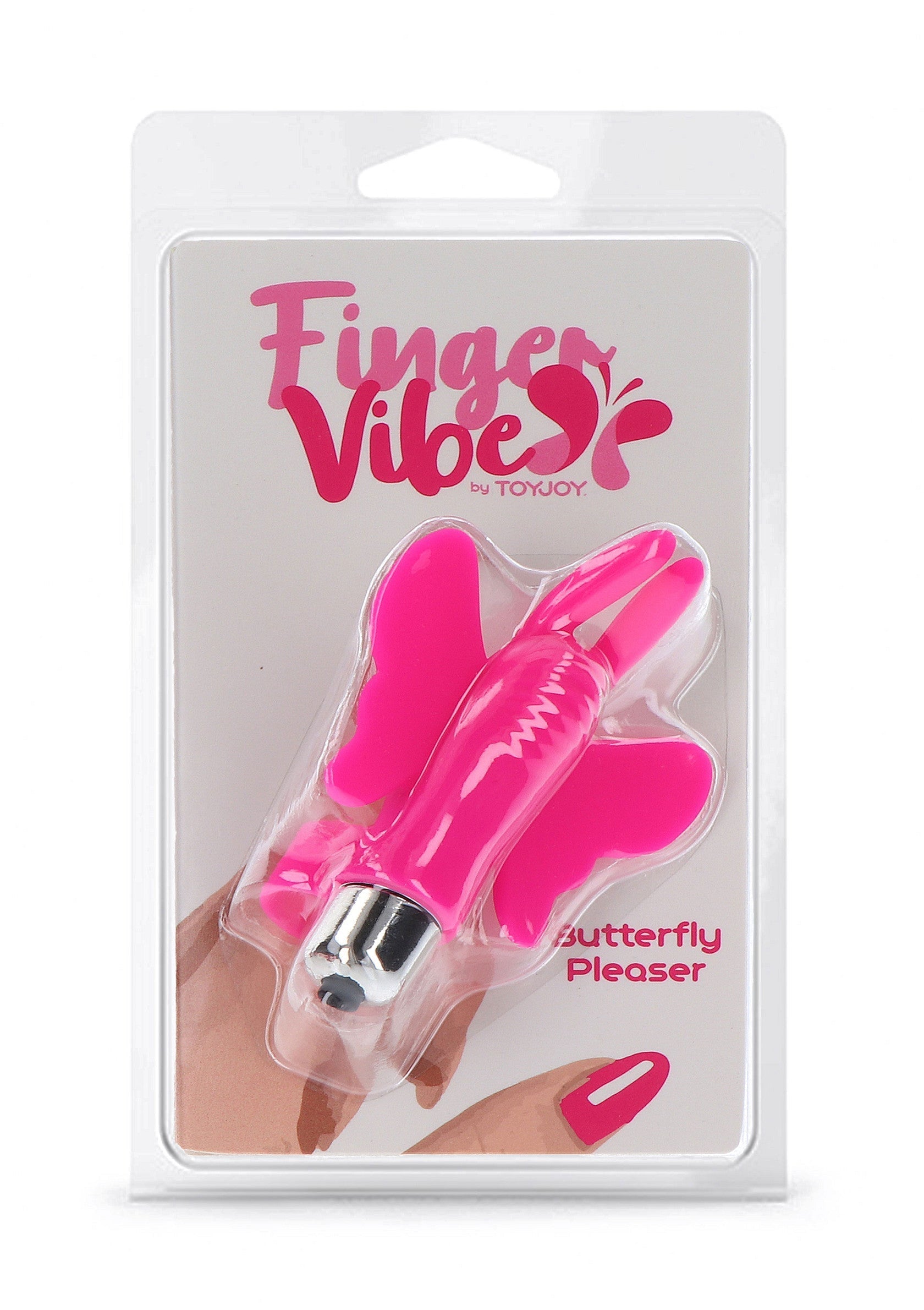 Finger Vibes Butterfly Pleaser, vibromasseur rose en forme de papillon pour des sensations intenses.; Finger Vibes Butterfly Pleaser, roze vlindervormige vibrator voor intense sensaties.; Finger Vibes Butterfly Pleaser, pink butterfly-shaped vibrator for intense sensations.