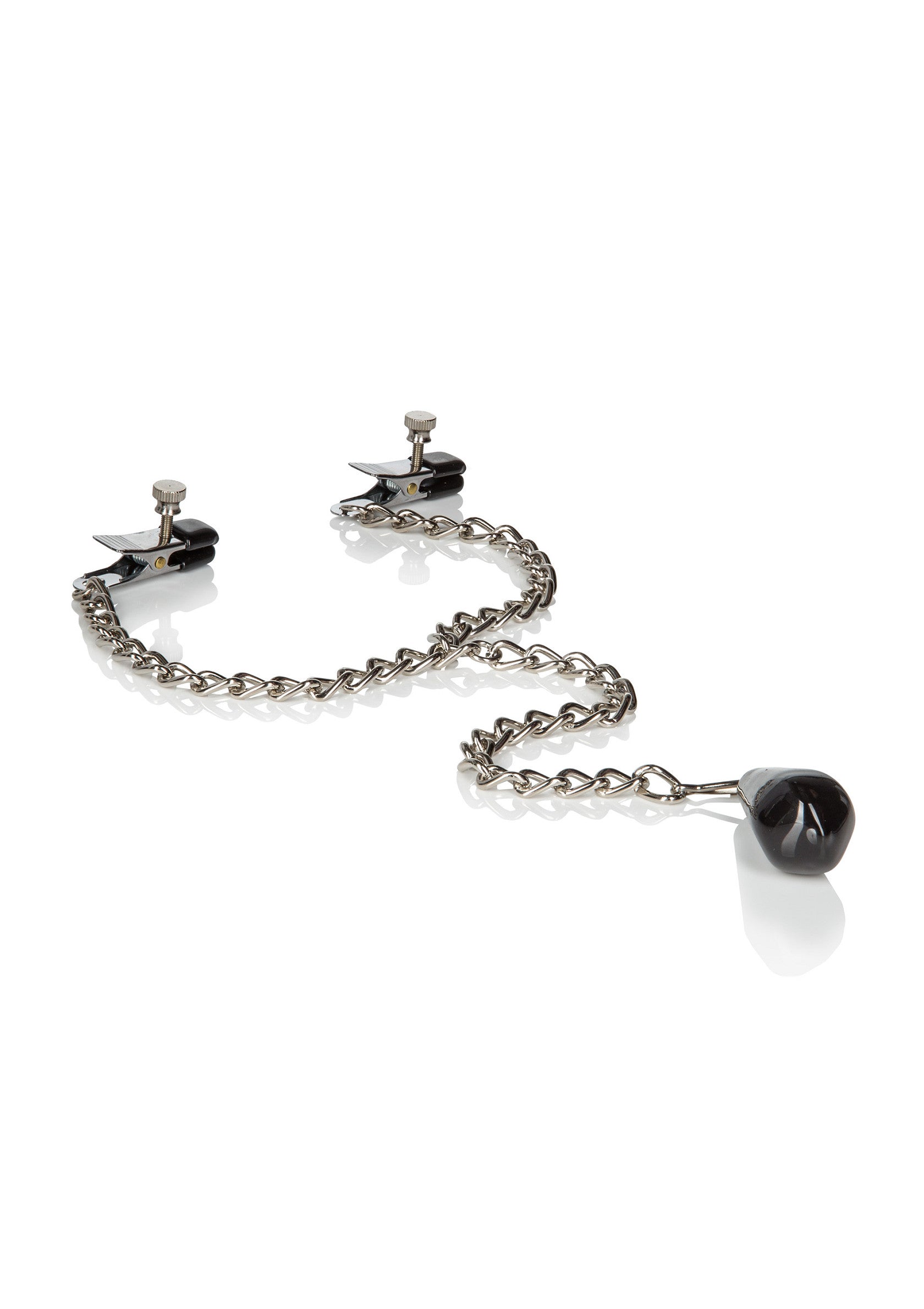 Pinces à tétons réglables avec chaîne et poids pour un plaisir intense.; Verstelbare tepelklemmen met ketting en gewicht voor intense opwinding.; Adjustable nipple clamps with chain & weight for intense pleasure. 