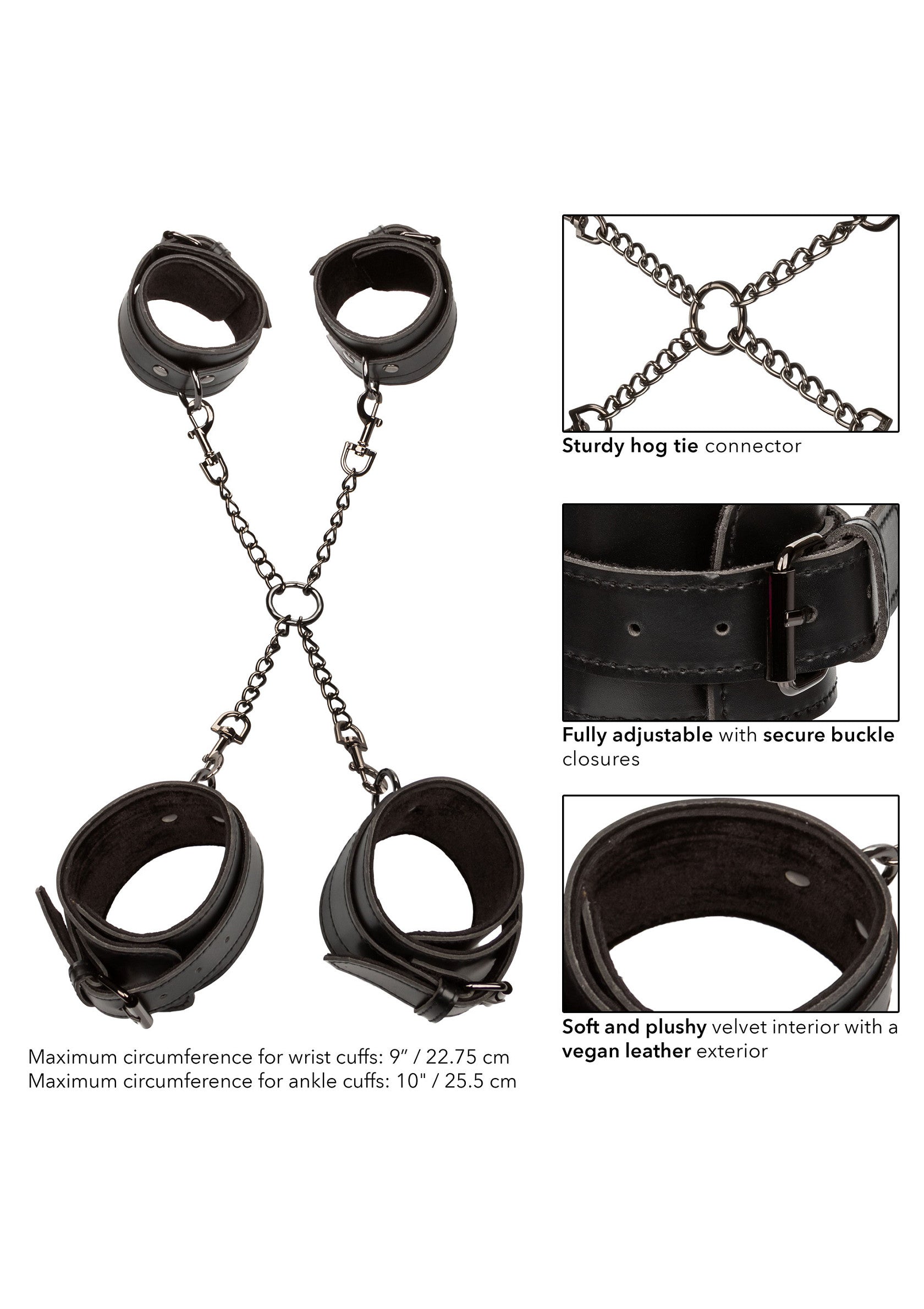 Menottes en cuir vegan avec intérieur velours doux et chaîne. Entièrement réglable avec boucles sécurisées.; Vegan lederen handboeien met zachte velours binnenkant en ketting. Volledig verstelbaar met veilige gespsluitingen.; Vegan leather restraints with soft velvet interior and chain. Fully adjustable with secure buckle closures. Adult novelty item.