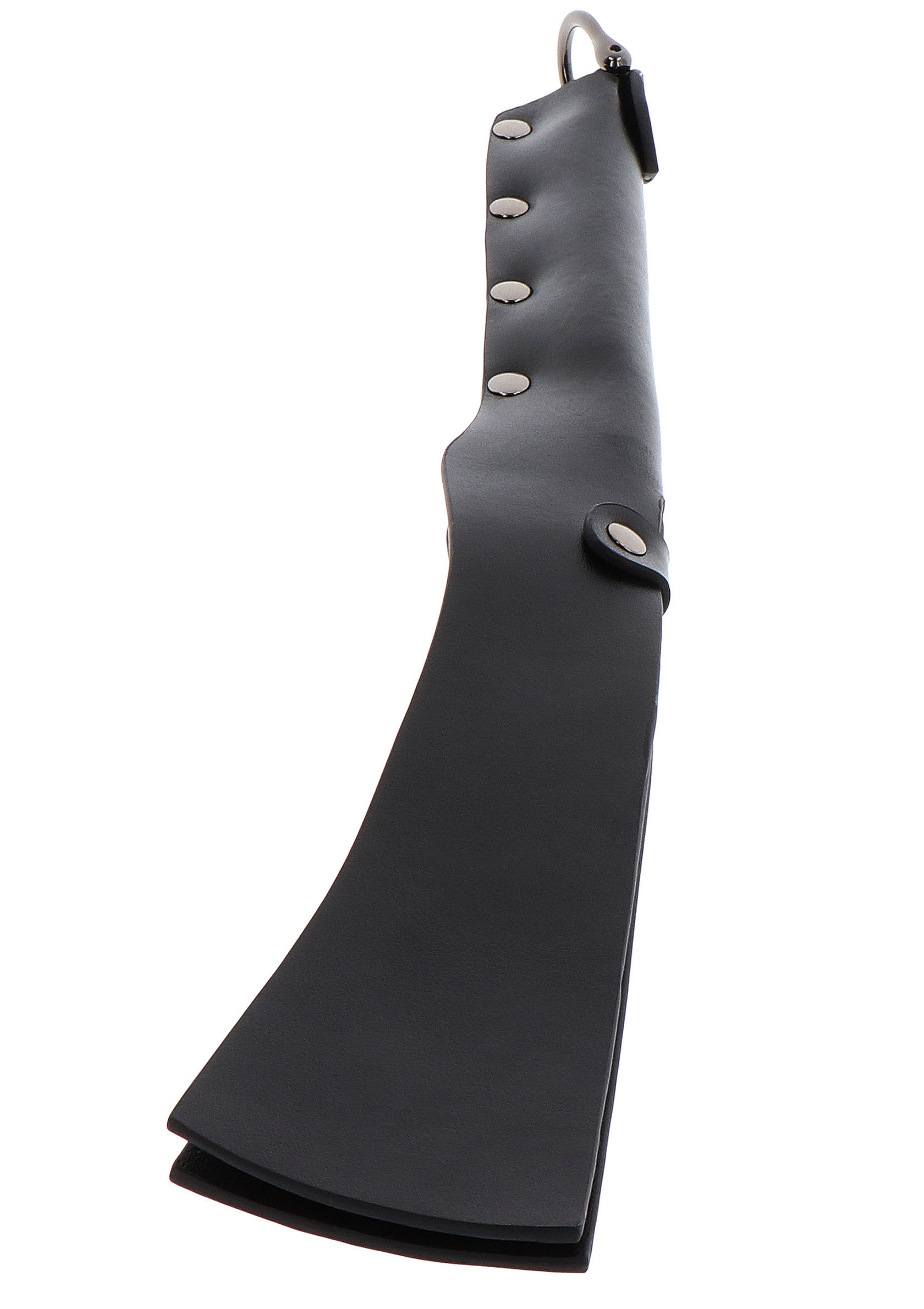 Palette de fessée en cuir noir avec anneau et boutons pression; Zwarte lederen spanking paddle met ring en drukknoopjes; Black leather spanking paddle with ring and snap buttons