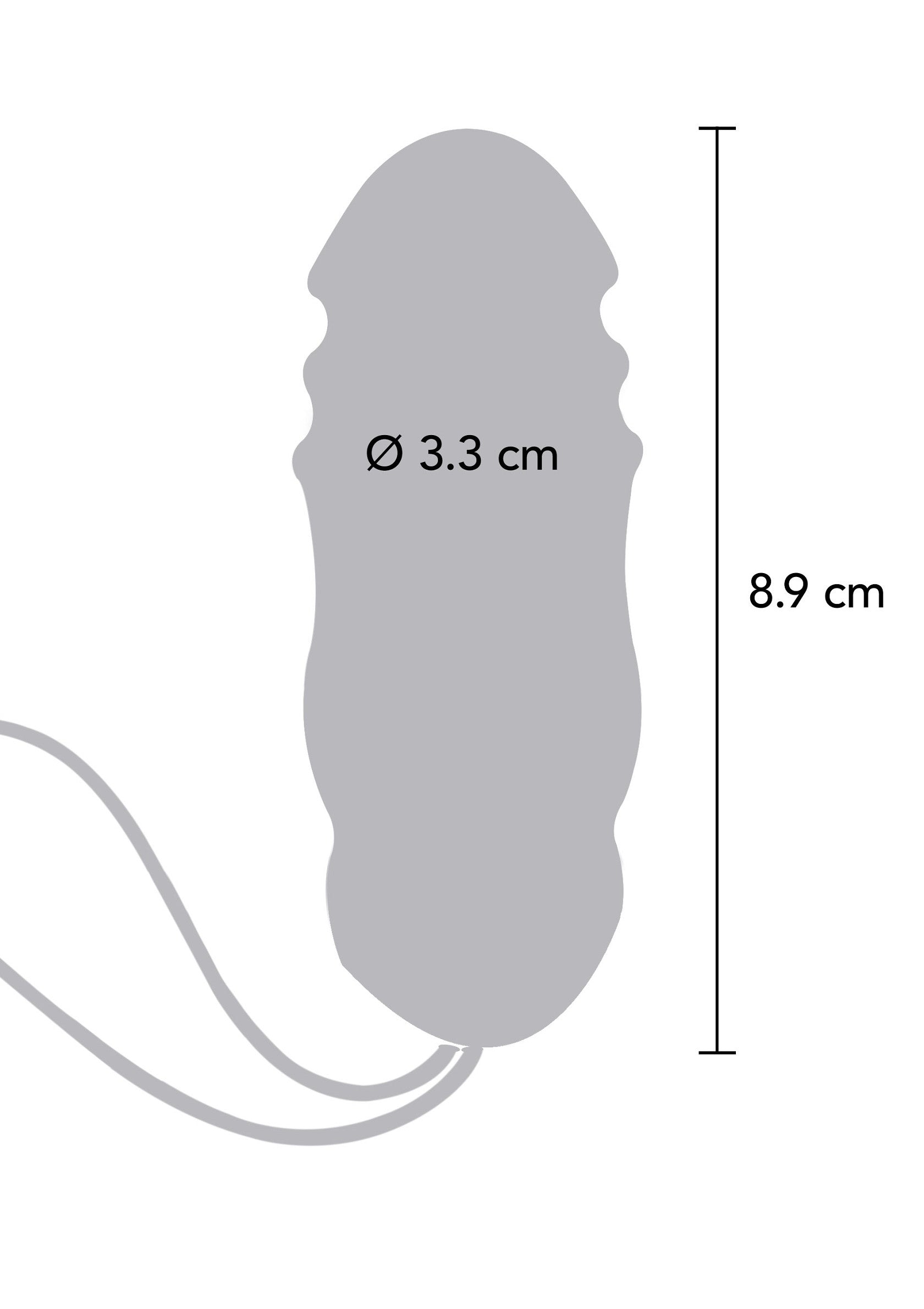 Image d'un vibromasseur avec les dimensions : 8,9 cm de longueur et 3,3 cm de diamètre.; Afbeelding van een vibrator met de afmetingen: 8,9 cm lang en 3,3 cm in diameter.; Image of a vibrator with the dimensions: 8.9 cm long and 3.3 cm in diameter.
