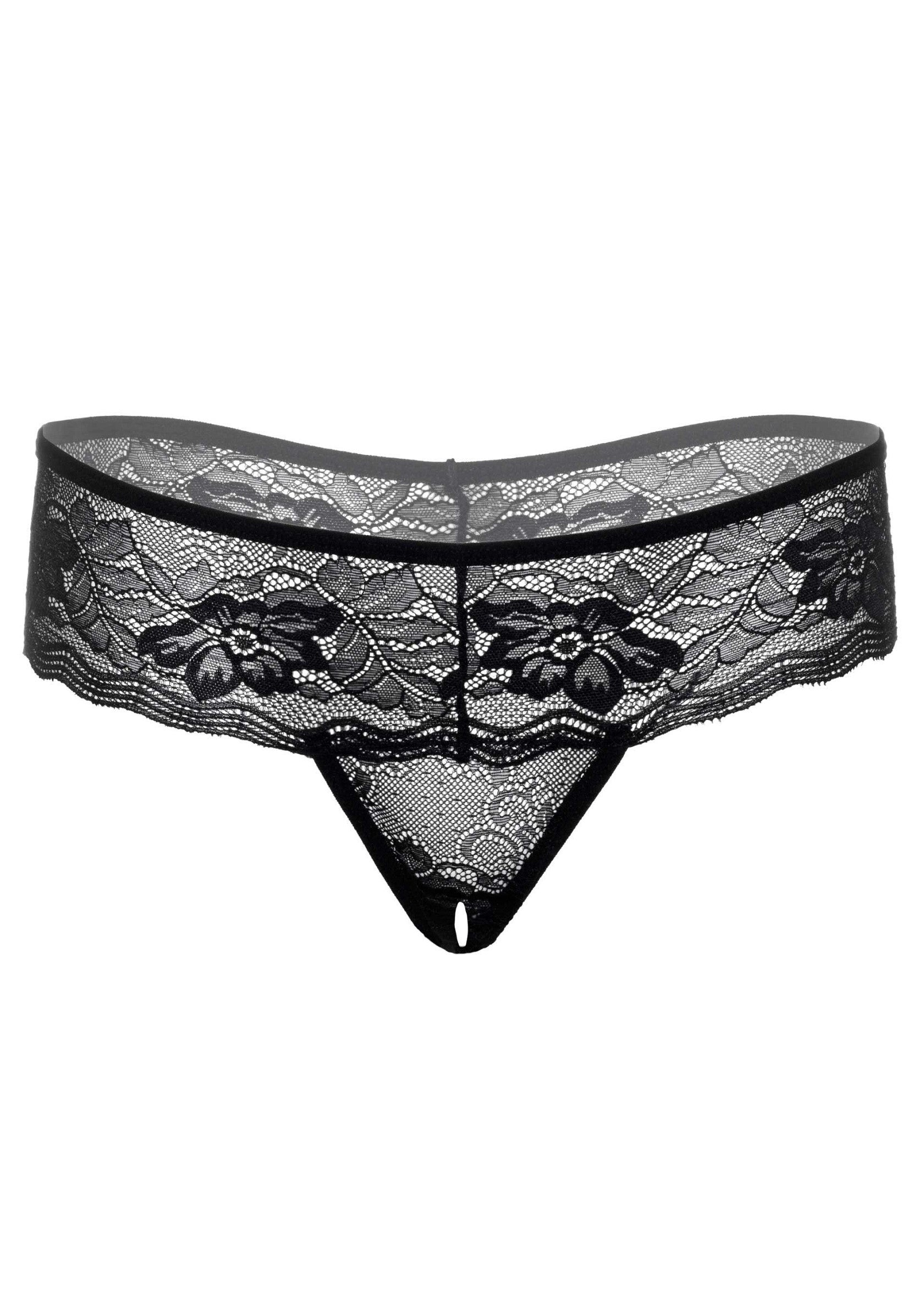 String ouvert en dentelle noire. Lingerie séduisante et confortable. Parfait pour une soirée spéciale.; Zwarte, open string van kant. Verleidelijk en comfortabel ondergoed. Perfect voor een speciale avond.; Black lace open string thong. Seductive & comfy lingerie. Perfect for a special evening. 
