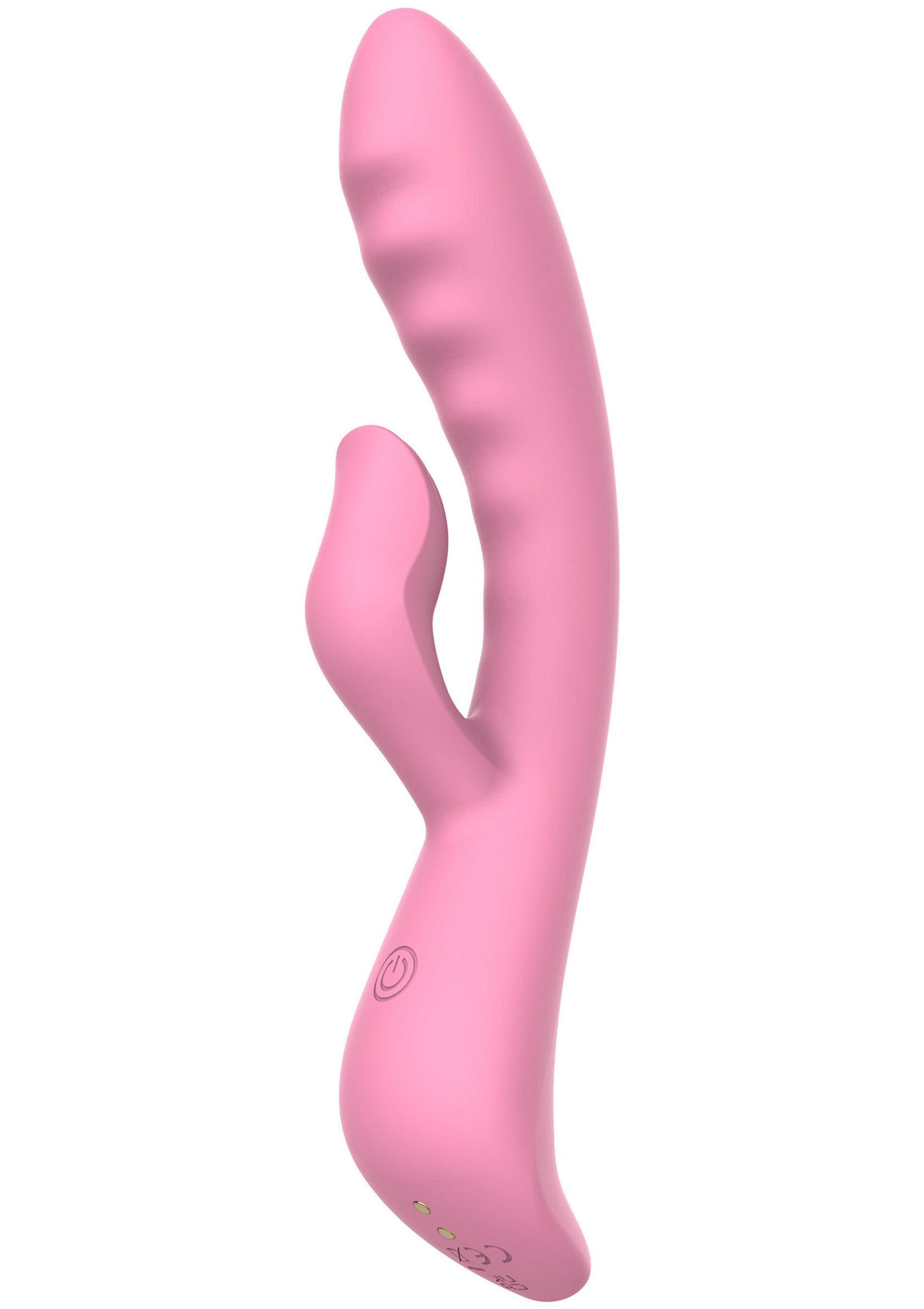 Vibromasseur rose double stimulation pour le plaisir.; Roze vibrator met dubbele stimulatie voor plezier.; Pink dual stimulation vibrator for pleasure.