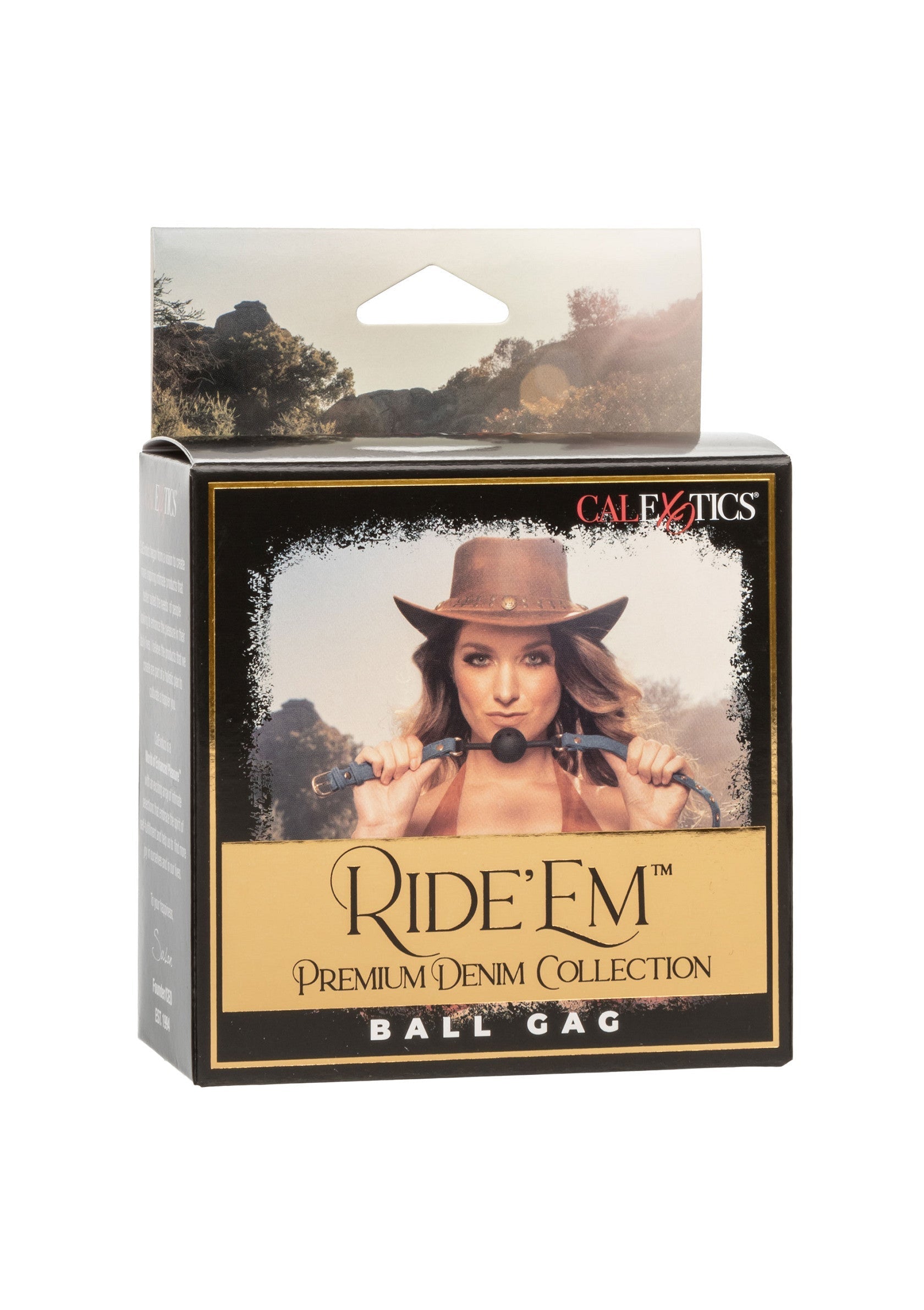Bâillon boule 'Ride'Em Denim Collection' de CalExotics. Accessoires coquins pour adultes, jouets sexuels.; CalExotics 'Ride'Em Denim Collection' balgag. Speelse accessoires voor volwassenen, seksspeeltjes.; CalExotics 'Ride'Em Denim Collection' ball gag. Playful adult accessories, sex toys.