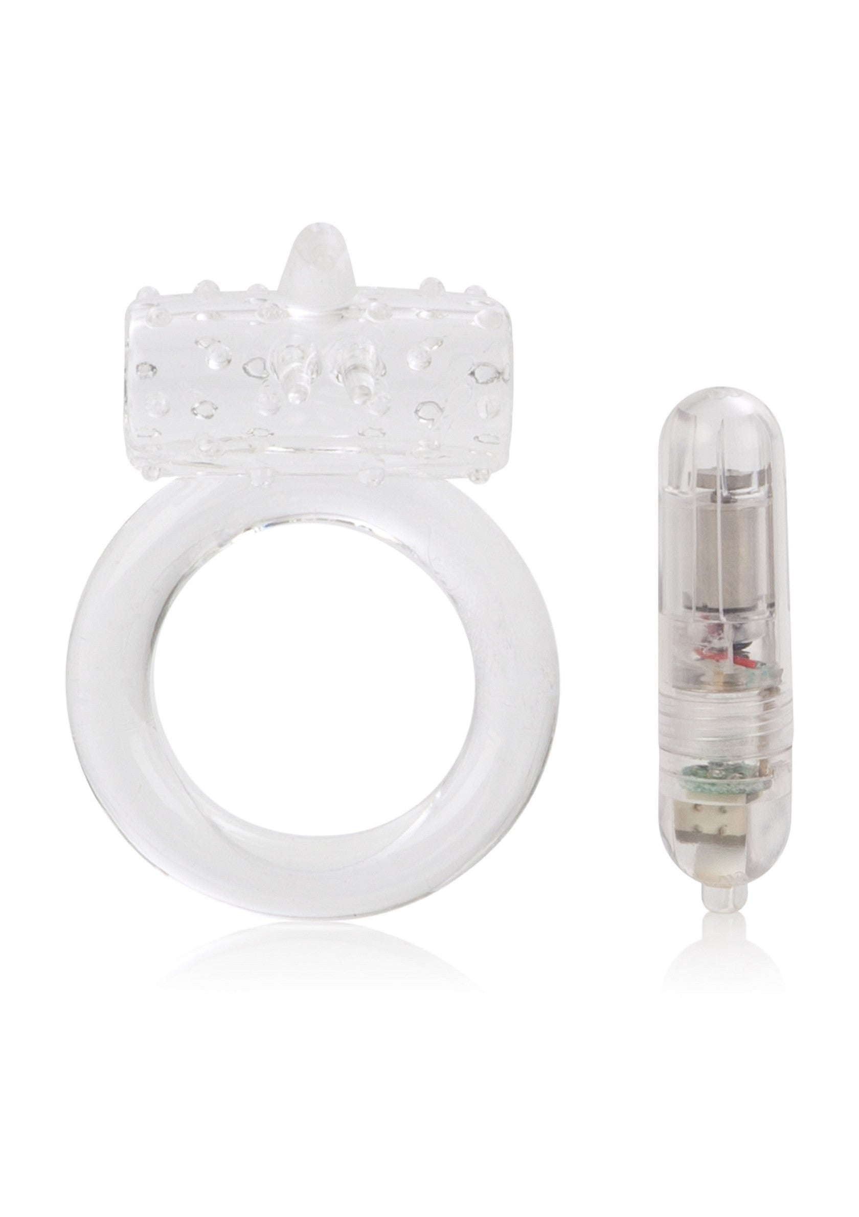 Anneau vibrant transparent avec vibromasseur pour des sensations intenses.; Transparante vibrerende ring met vibrator voor intense sensaties.; Clear vibrating cock ring with bullet vibrator for intense sensations.