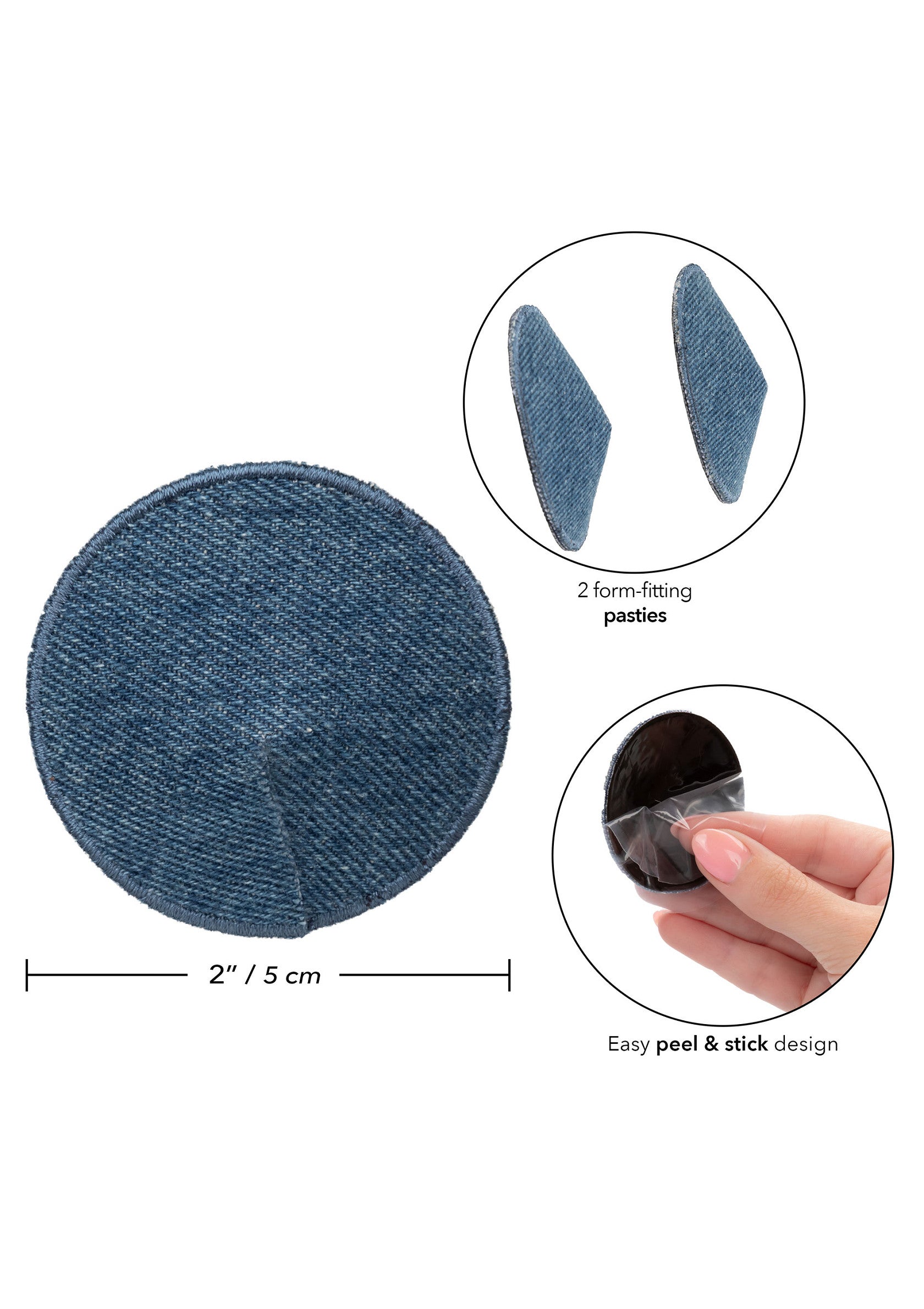 Cache-tétons adhésifs en jean, ronds ou en forme, faciles à appliquer. Discrétion assurée!; Jeans tepelbedekkers, rond of gevormd, gemakkelijk aan te brengen. Gegarandeerde discretie!; Denim nipple covers, round or shaped, easy to apply. Guaranteed discretion!
