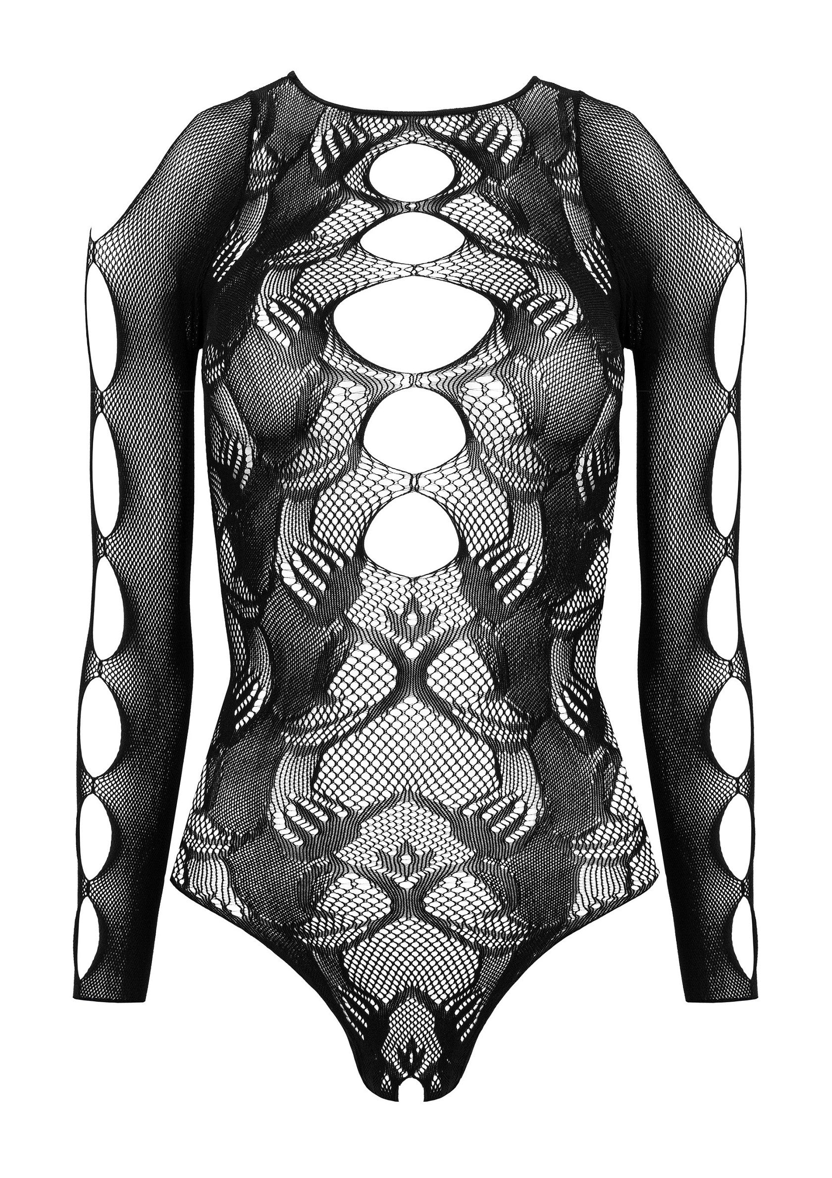 Body résille noir à manches longues et découpes audacieuses. Élégant et sexy.; Zwarte visnetbody met lange mouwen en gewaagde uitsparingen. Stijlvol en sexy.; Black fishnet bodysuit with long sleeves and daring cutouts. Stylish and sexy.