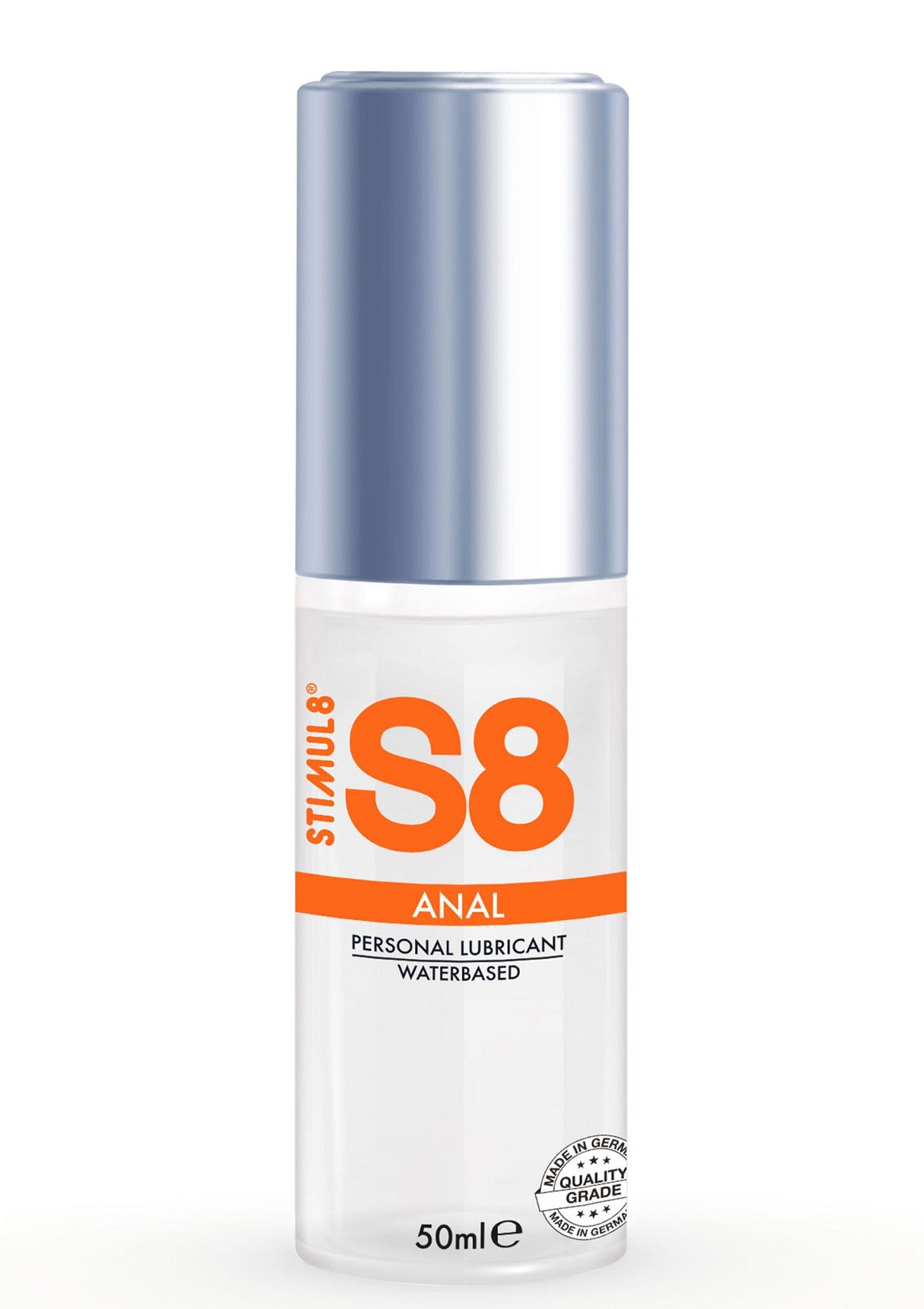 Lubrifiant personnel à base d'eau Stimul8 S8 anal, flacon de 50 ml pour un plaisir intense.; Stimul8 S8 anaal glijmiddel op waterbasis, 50 ml fles voor intens genot.; Stimul8 S8 Anal Waterbased Personal Lubricant, 50ml bottle for intense pleasure.
