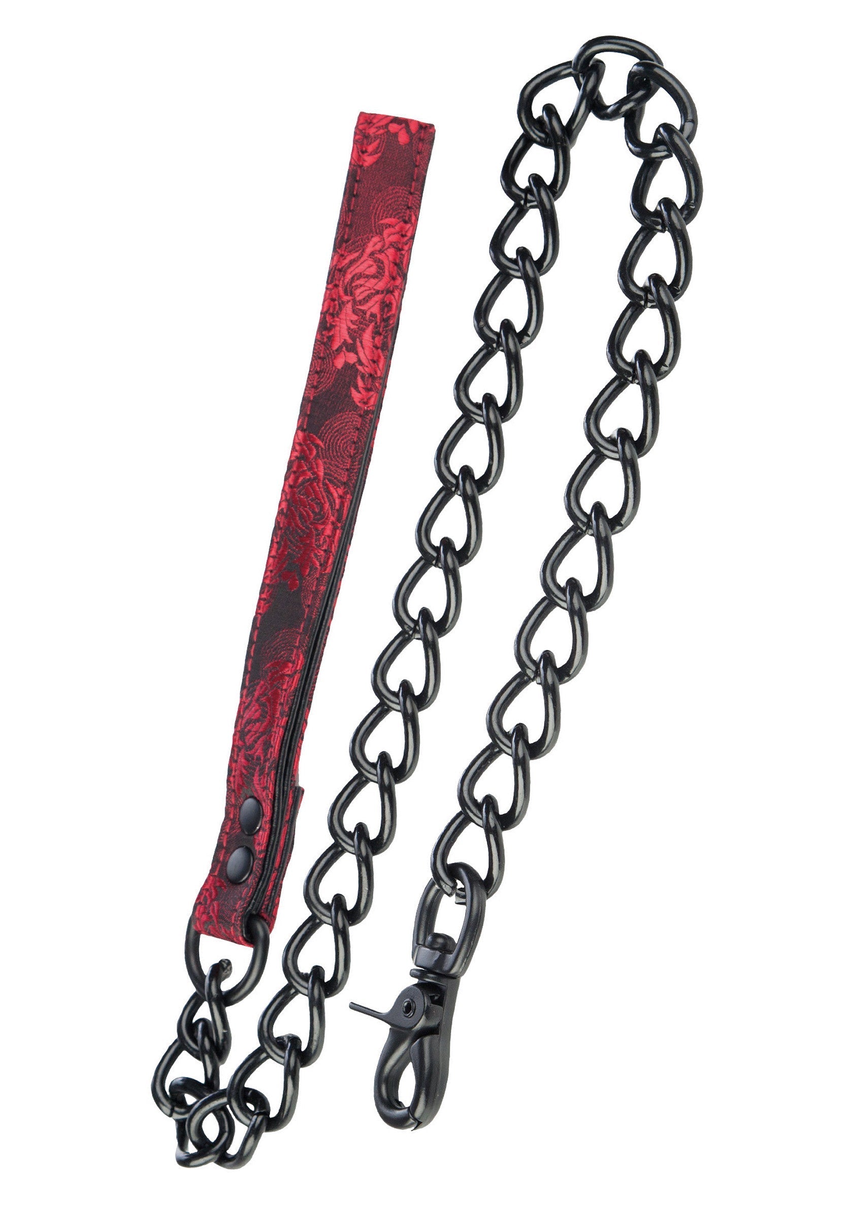 Laisse chaîne gothique noire avec détail floral rouge pour un look sombre et élégant.; Zwarte gothic kettingriem met rood bloemmotief voor een donkere en elegante look.; Black gothic chain leash with red floral detail for a dark and elegant look.