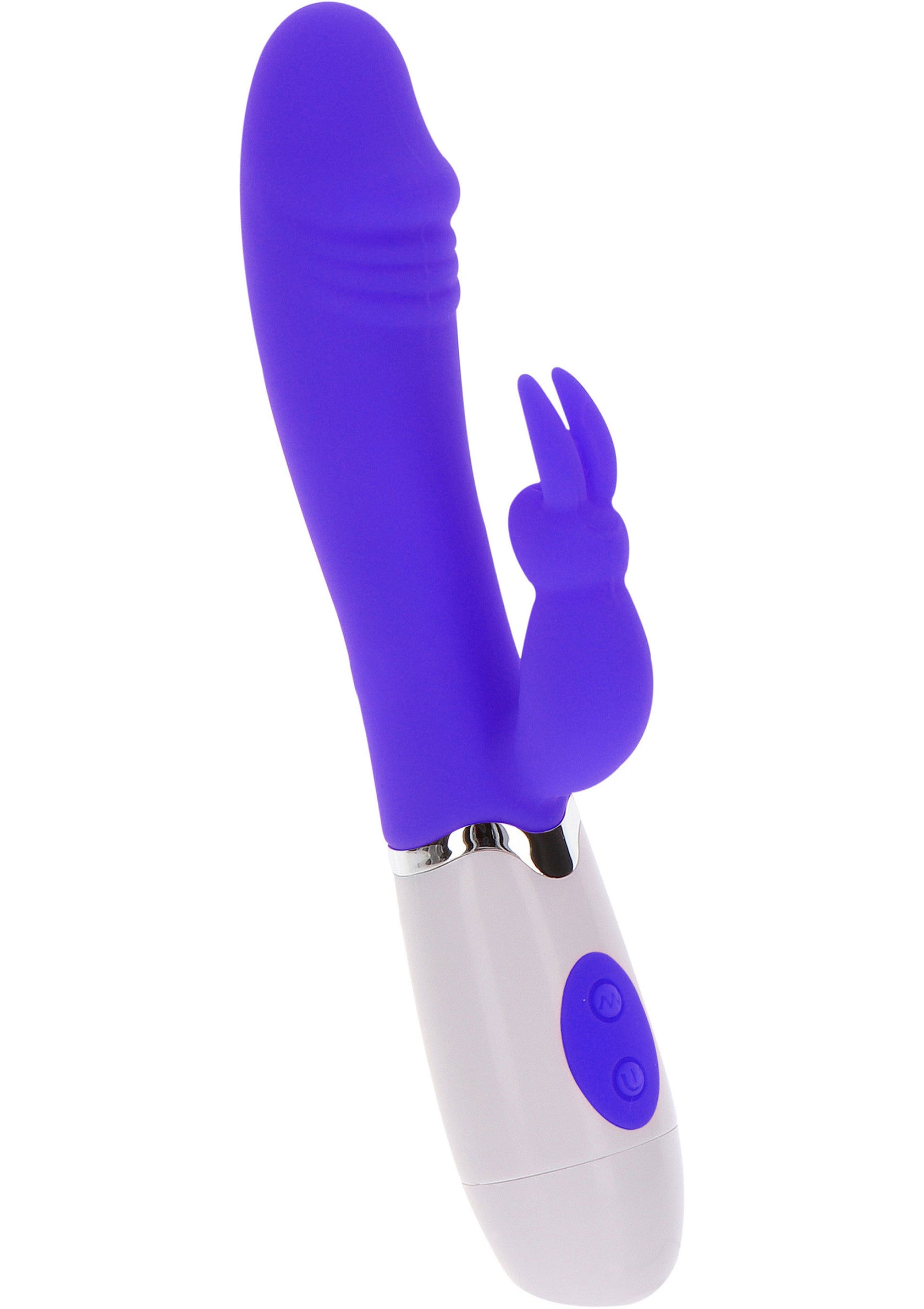 Vibromasseur vibrant violet et blanc avec double stimulation pour un plaisir intense.; Paarse en witte vibrerende vibrator met dubbele stimulatie voor intens plezier.; Purple and white vibrating vibrator with dual stimulation for intense pleasure.