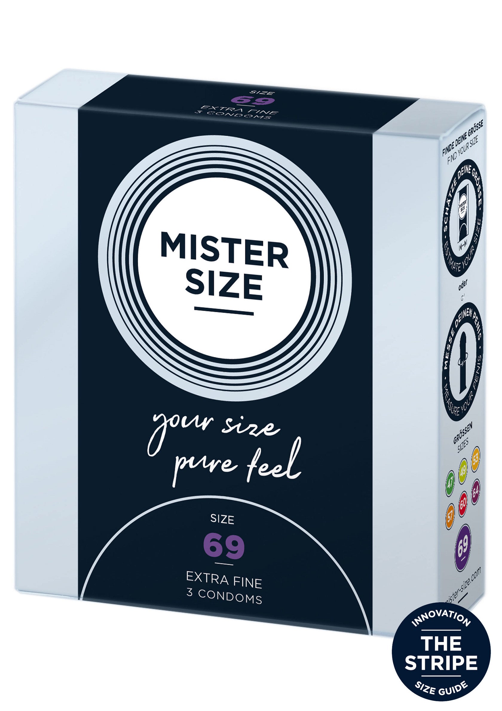 Préservatifs Mister Size 69 extra fins, pour une sensation naturelle et une taille adaptée. Pack de 3.; Mister Size 69 extra dunne condooms, voor een natuurlijk gevoel en de juiste maat. Pak van 3 stuks.; Mister Size 69 extra fine condoms, for a natural feel and the right fit. Pack of 3.