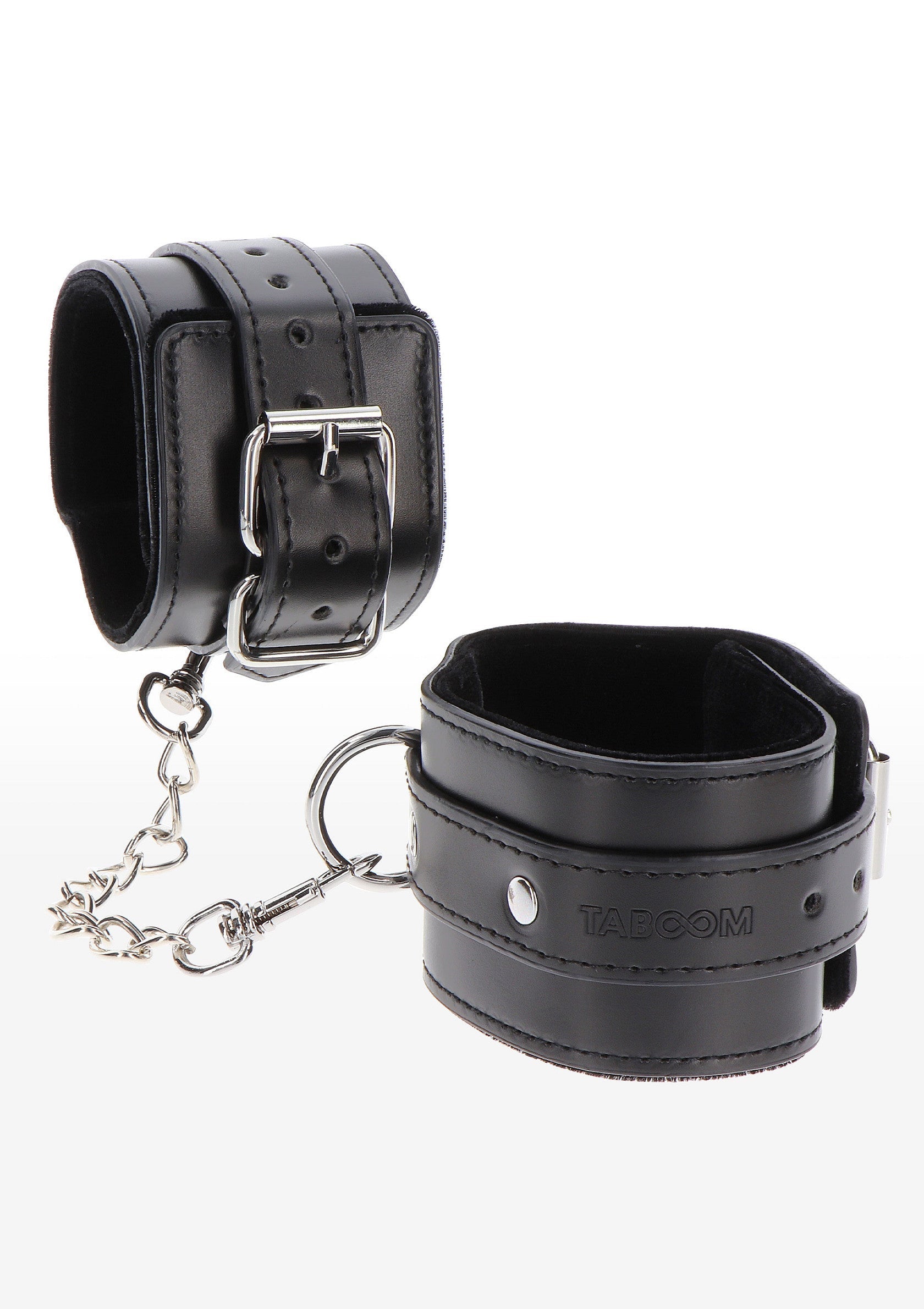 Menottes en cuir noir de qualité supérieure avec chaîne pour un jeu sensuel et excitant.; Hoogwaardige leren handboeien met ketting voor sensueel en opwindend spel.; Premium black leather restraints with chain for sensual and exciting play.