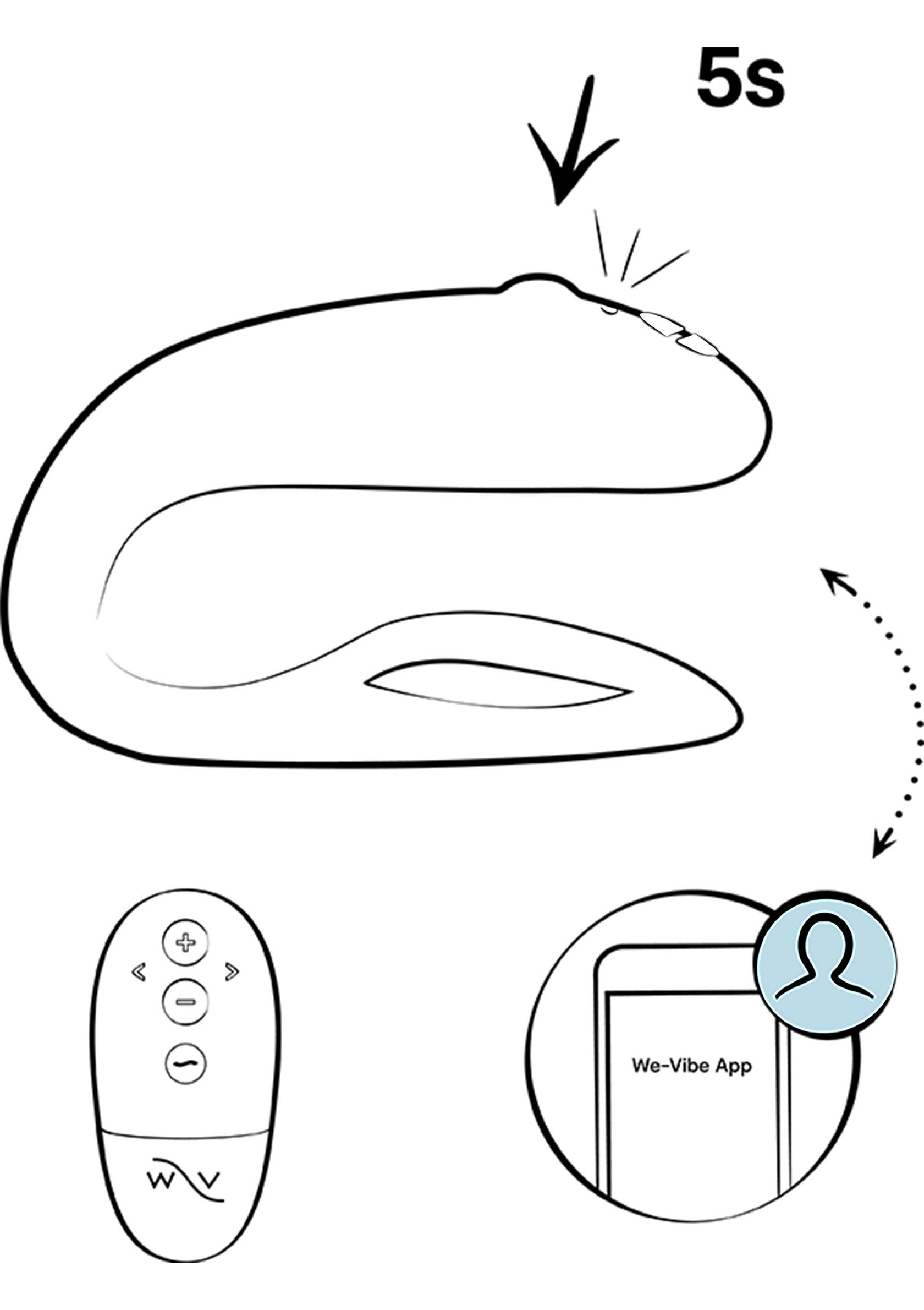 Image vectorielle montrant les instructions d'utilisation d'un sextoy : bouton d'alimentation, télécommande et application pour téléphone We-Vibe.; Vectorafbeelding met instructies voor het gebruik van een seksspeeltje: aan/uit-knop, afstandsbediening en We-Vibe-telefoonapp.; Vector image depicting instructions on how to use a sex toy: power button, remote control, and We-Vibe phone app.