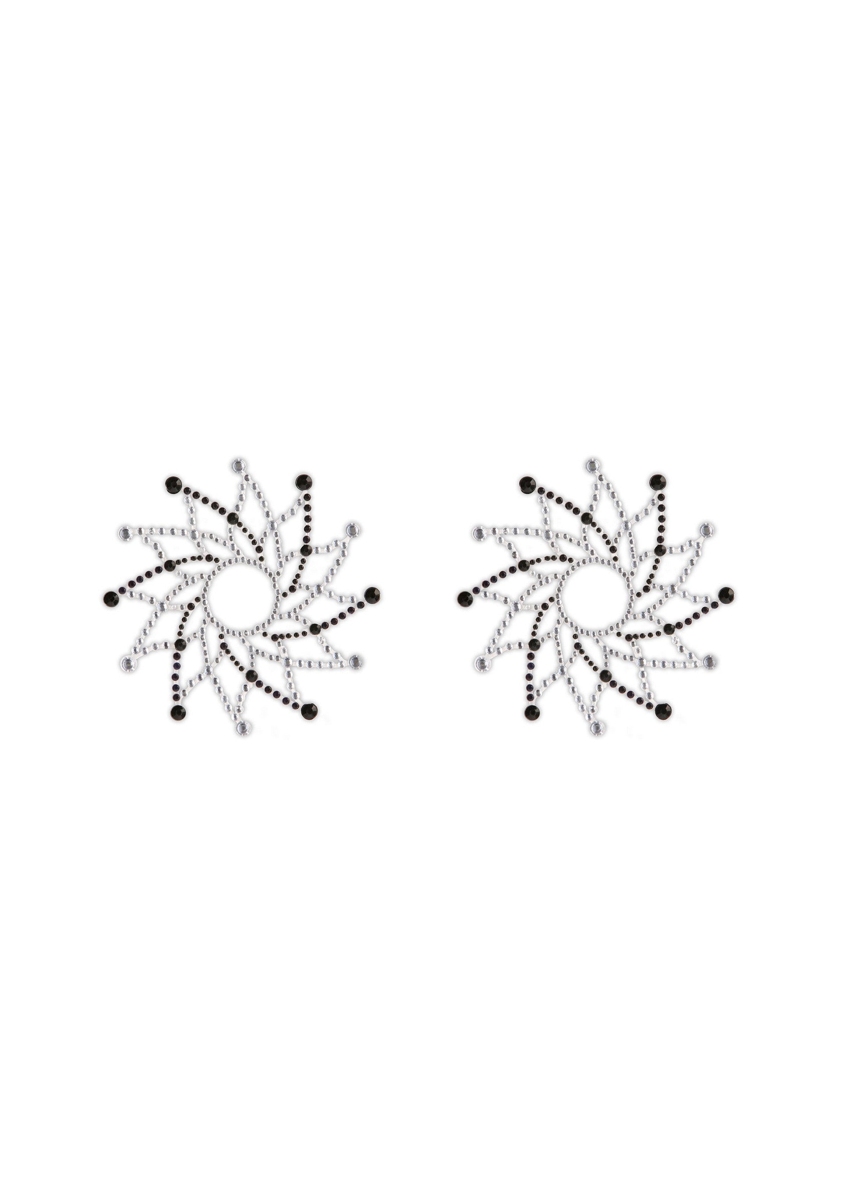 Boucles d'oreilles florales scintillantes avec des détails noirs.; Fonkelende bloemvormige oorbellen met zwarte accenten.; Sparkling floral earrings with black accents.