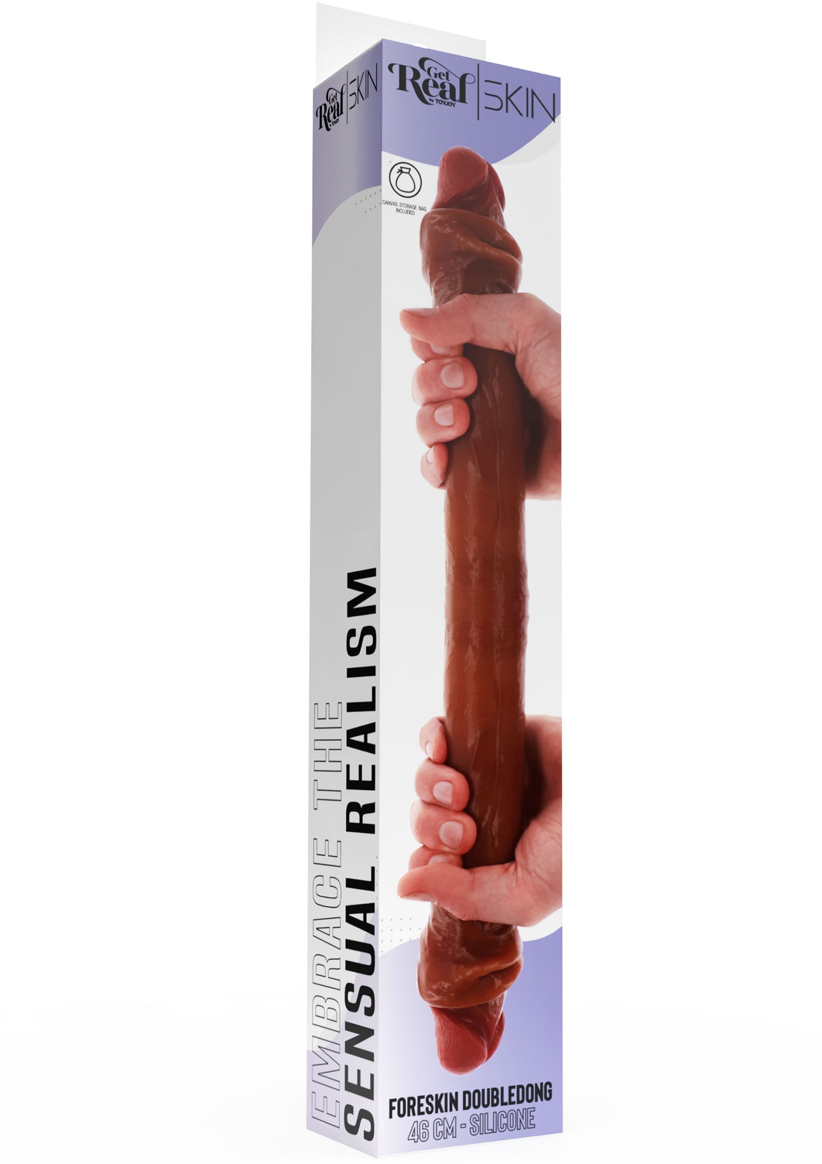 Godemichet double face réaliste RealSkin avec prépuce pour un plaisir intense.; Realistische RealSkin dubbeldildo met voorhuid voor intens plezier.; Realistic RealSkin double-ended dildo with foreskin for intense pleasure.