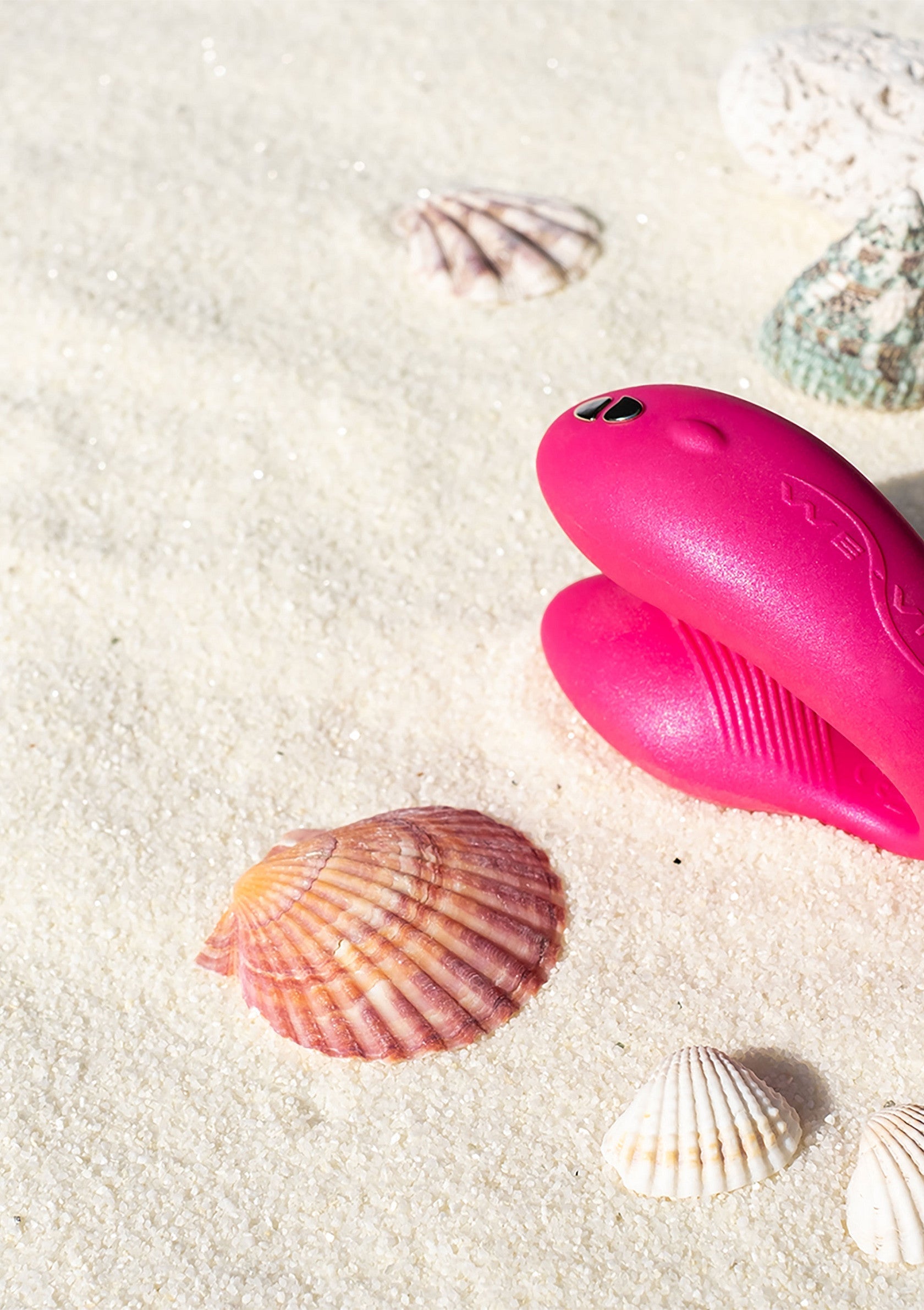 Vibromasseur rose sur plage de sable avec coquillages, jouets pour adultes.; Roze vibrator op zandstrand met schelpen, speeltjes voor volwassenen.; Pink vibrator on sandy beach with seashells, adult toys. 