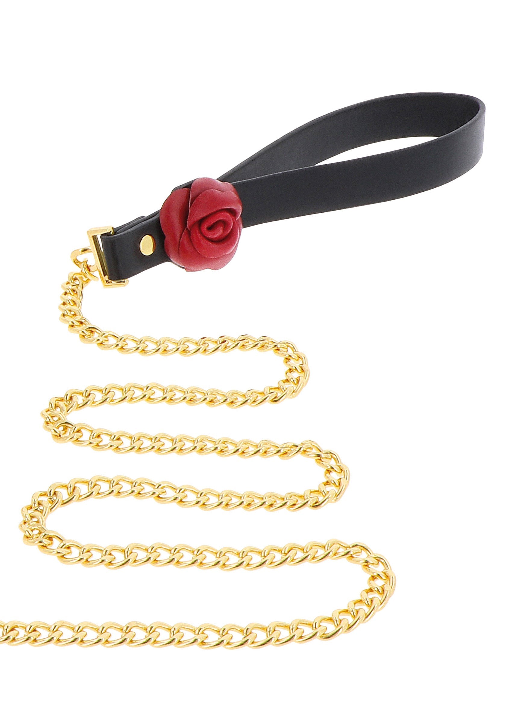Laisse de luxe pour animaux de compagnie avec chaîne dorée et rose rouge. Chic et élégant pour promener votre chien avec style.; Luxe huisdierenriem met gouden ketting en rode roos. Chique en elegant om je hond in stijl uit te laten.; Luxury pet leash with gold chain and red rose. Chic and elegant for walking your dog in style.