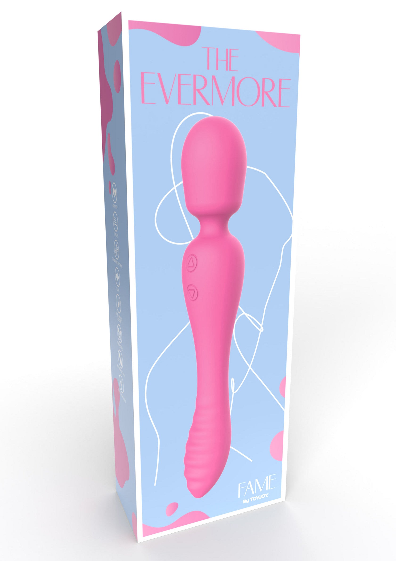 Le Evermore par Fame, vibromasseur rechargeable rose pour le plaisir personnel.; De Evermore van Fame, roze oplaadbare vibrator voor persoonlijk genot.; The Evermore by Fame, pink rechargeable vibrator for personal pleasure.