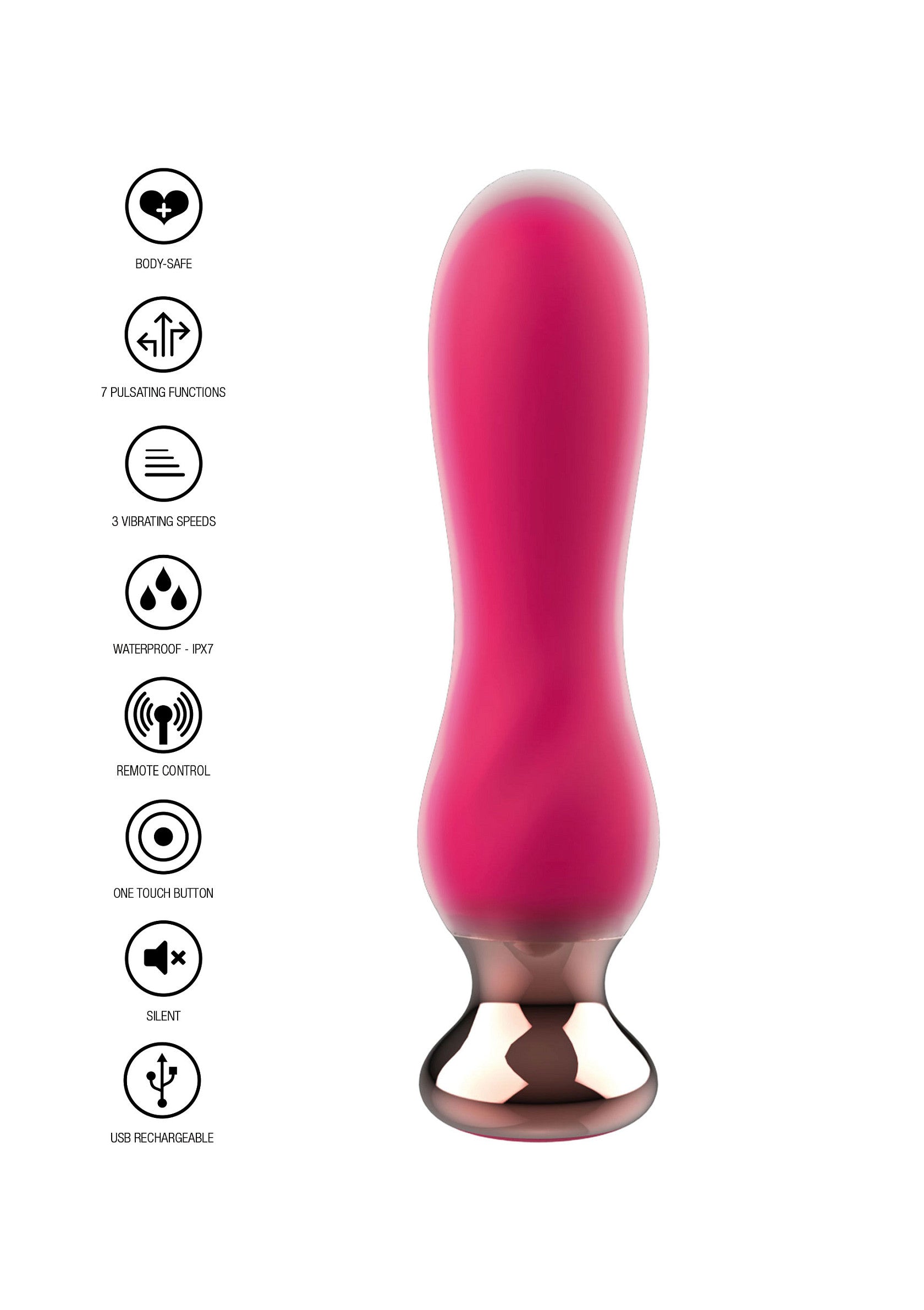 Vibromasseur rose rechargeable par USB avec 7 modes de vibration et télécommande. Silencieux et étanche.; Roze vibrator, USB oplaadbaar, 7 vibratiestanden, afstandsbediening. Stil & waterdicht.; Pink vibrator, USB rechargeable, 7 vibration modes, remote control. Silent & waterproof.