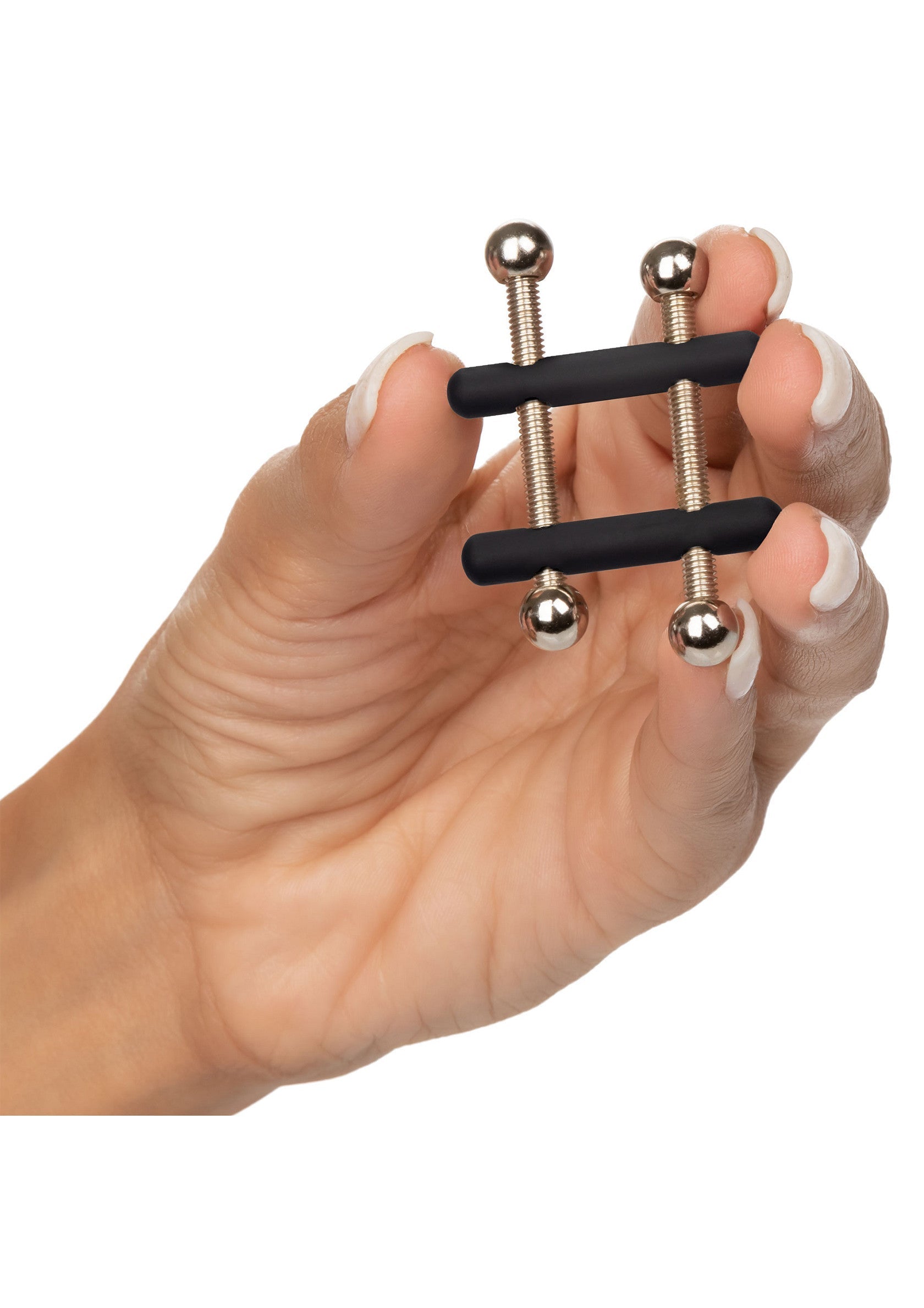 Serre-tétons réglable en métal & silicone pour un plaisir intense. Intensité ajustable.; Verstelbare tepelklemmen van metaal & siliconen voor intens genot. Intensiteit aanpasbaar.; Adjustable metal & silicone nipple clamps for intense pleasure. Adjustable intensity.