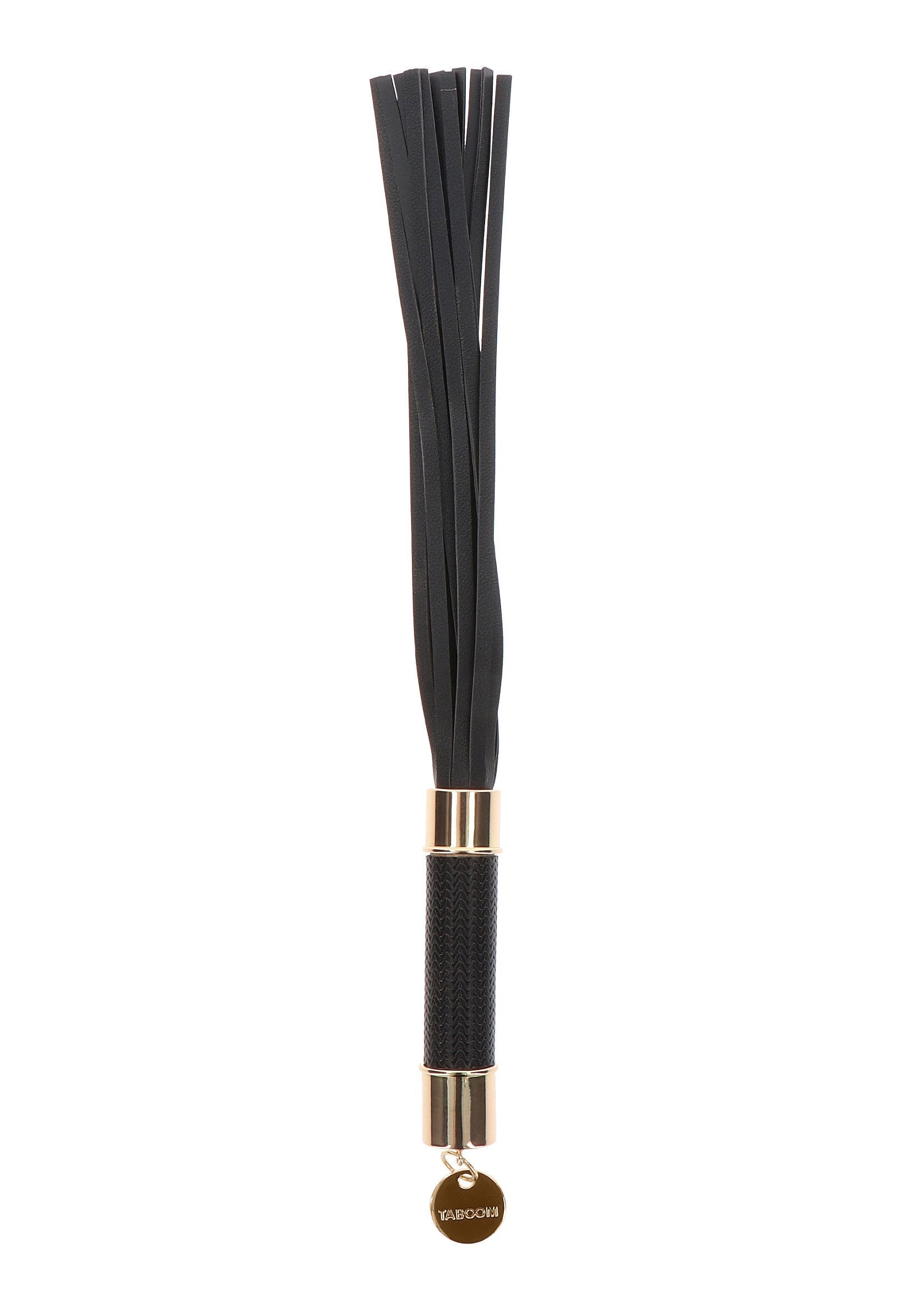 Cravache noire élégante avec manche texturé et détails dorés pour une expérience sensuelle.; Elegante zwarte zweep met getextureerd handvat en gouden details voor een sensuele ervaring.; Elegant black flogger with textured handle and gold accents for a sensual experience.