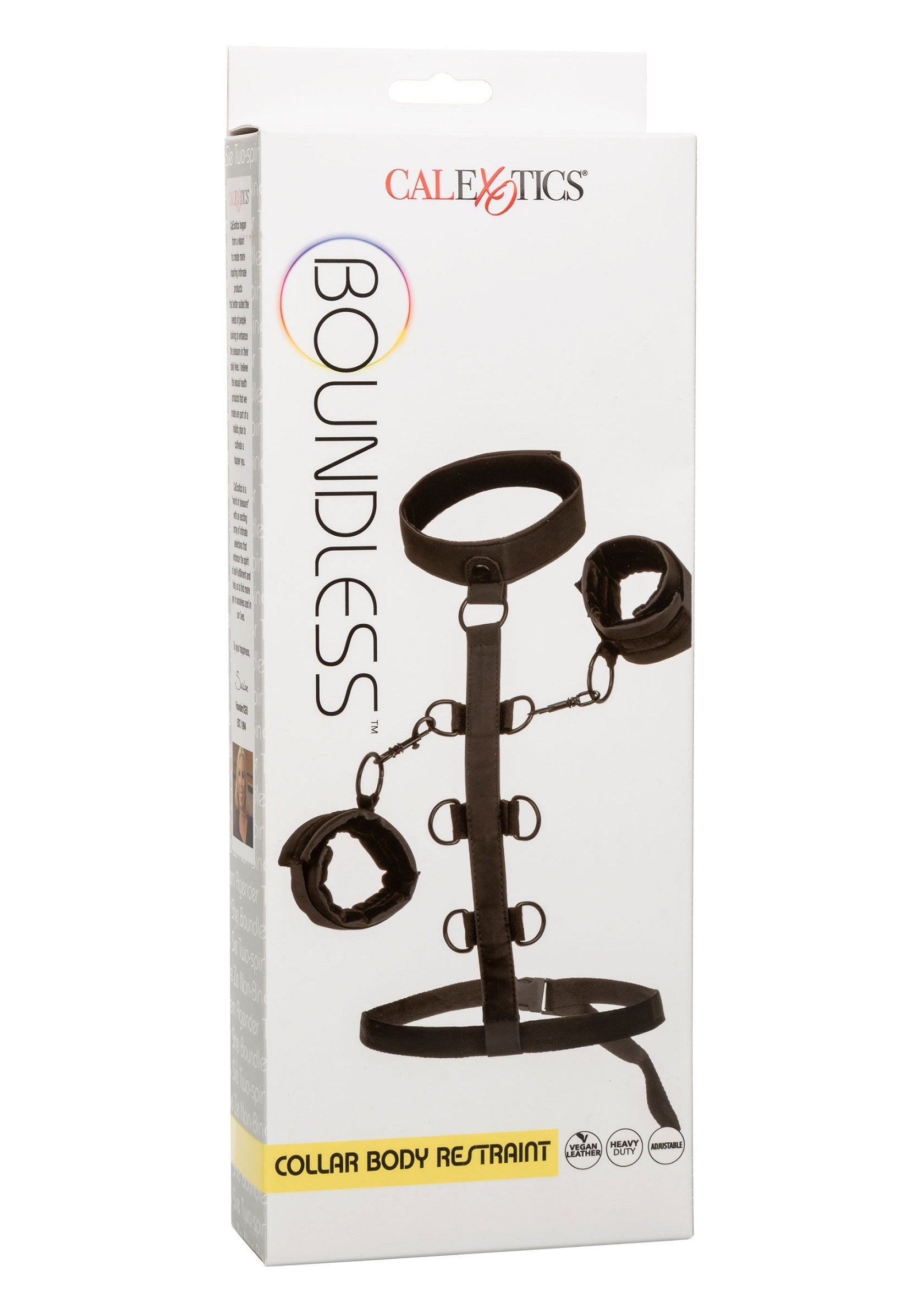 CalExotics Boundless Collier Body Restraint : harnais de maintien avec collier, menottes et entraves. Explorez la soumission en toute sécurité.; CalExotics Boundless Collar Body Restraint: harnas met kraag, handboeien & enkelboeien. Veilige bondage. Verken onderdanigheid.; CalExotics Boundless Collar Body Restraint: Harness with collar, cuffs & restraints. Safe BDSM. Explore submission.